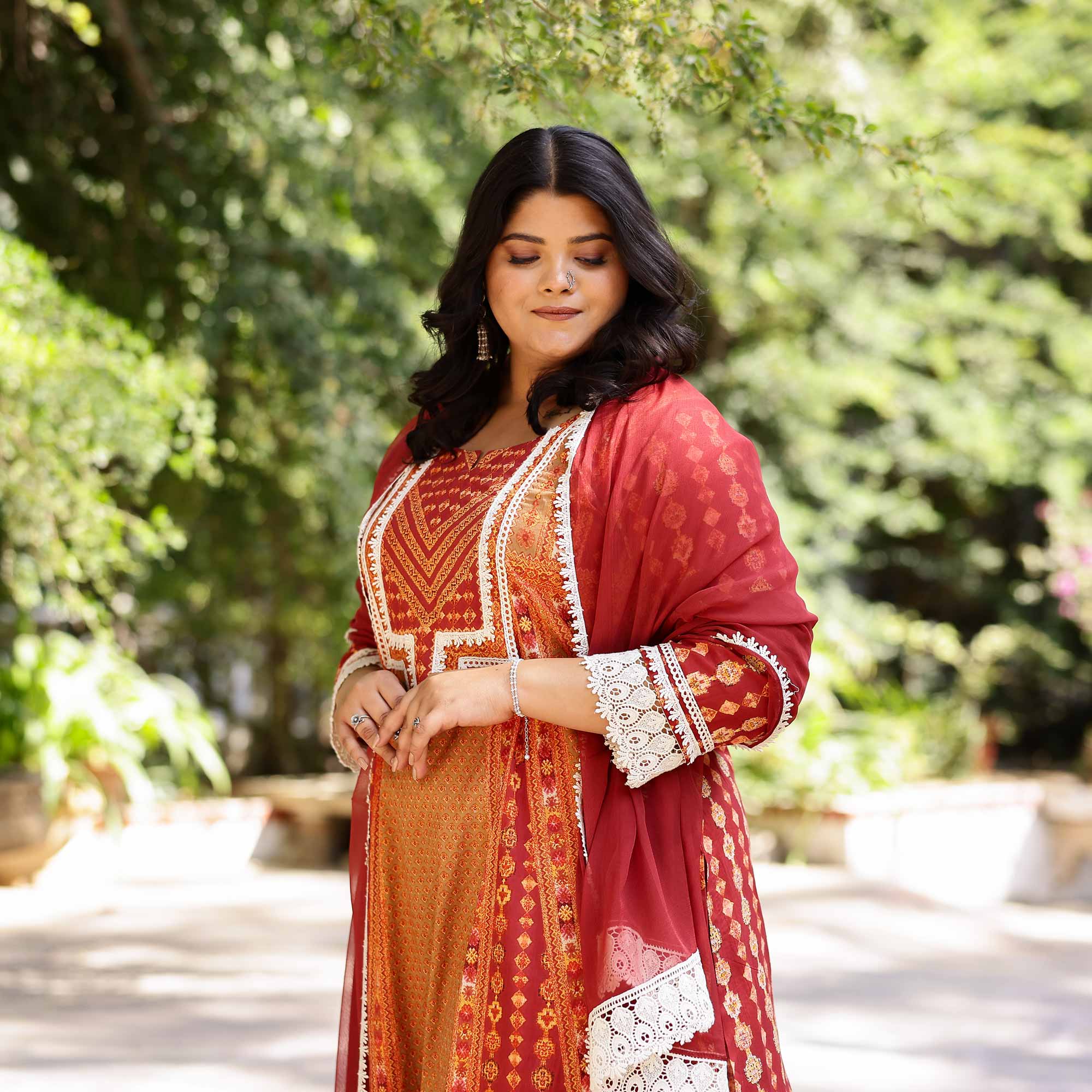 Rustic Spice Cotton Laced Suit Set