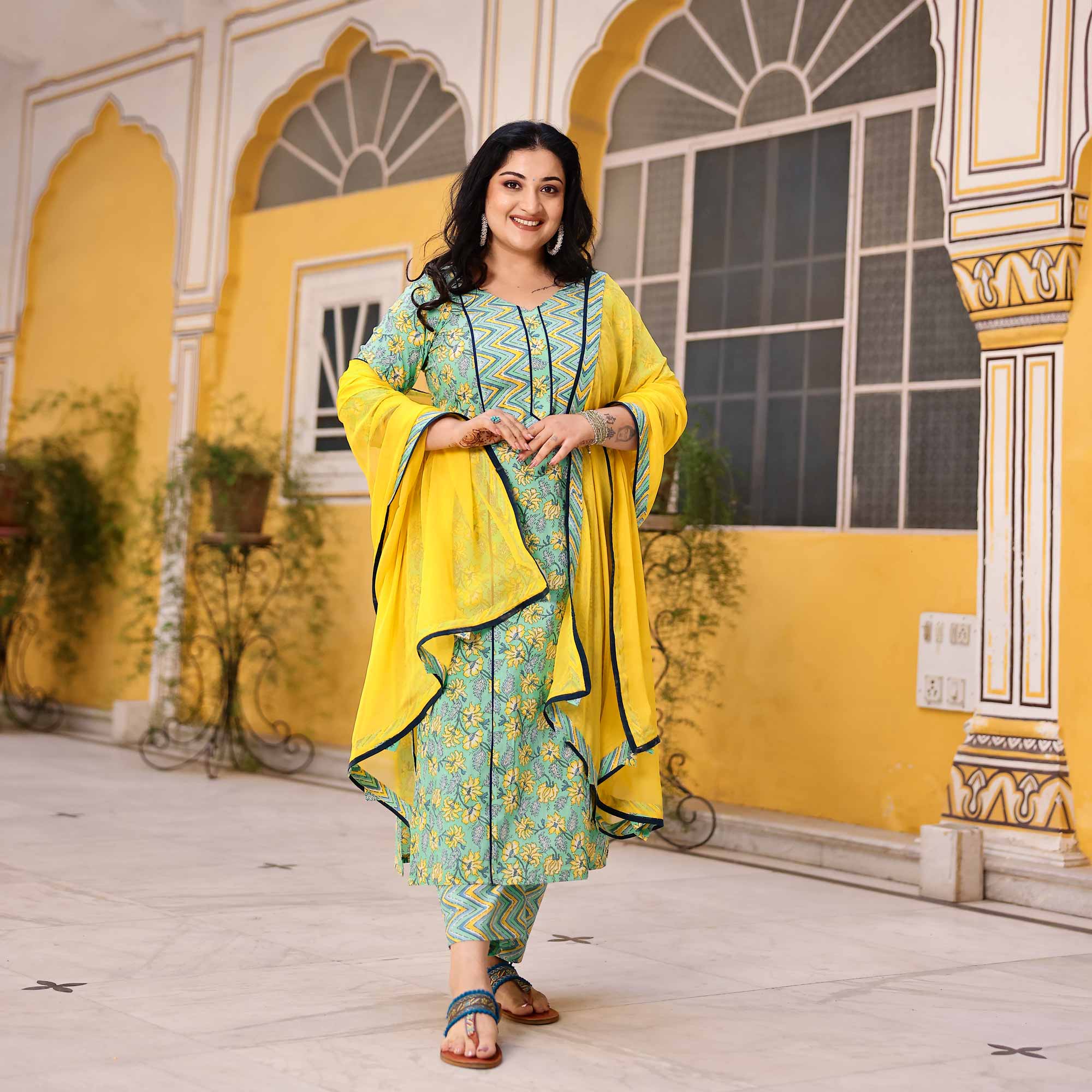 Lemon Mint Floral Cotton Kurta