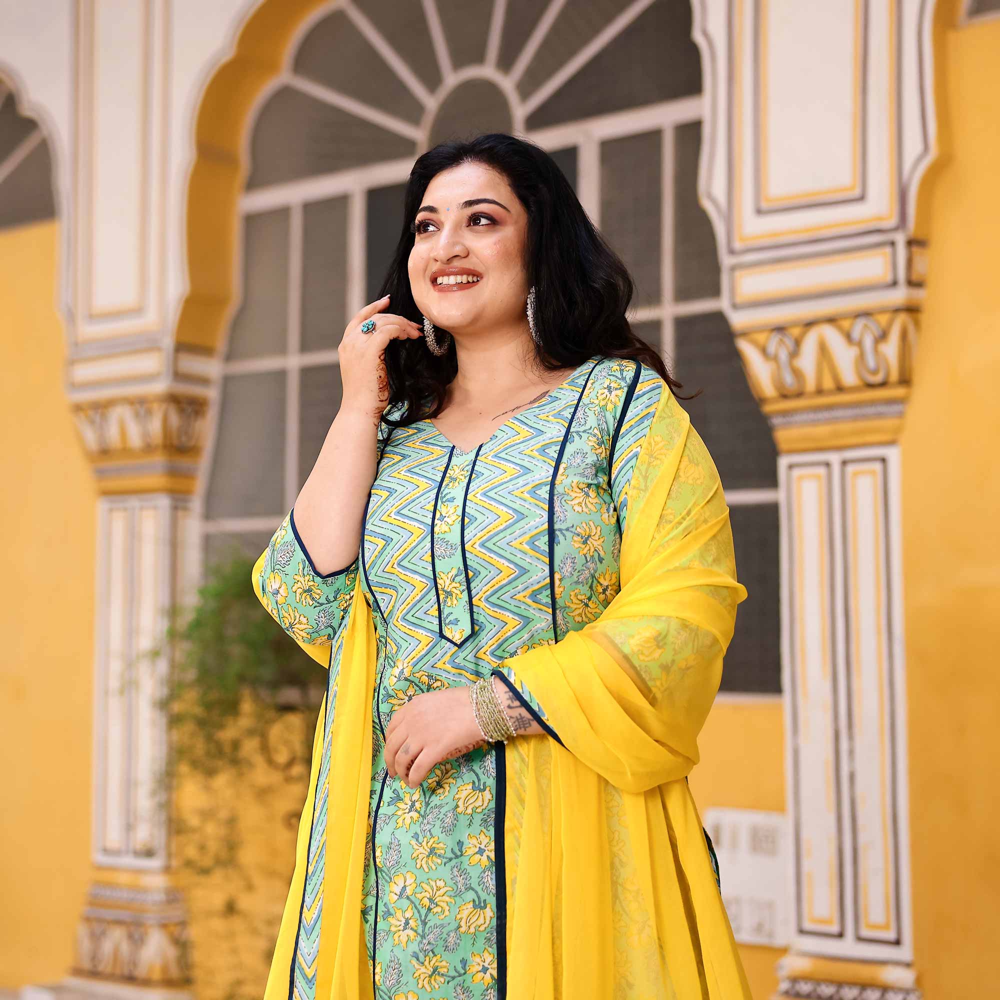 Lemon Mint Floral Cotton Kurta