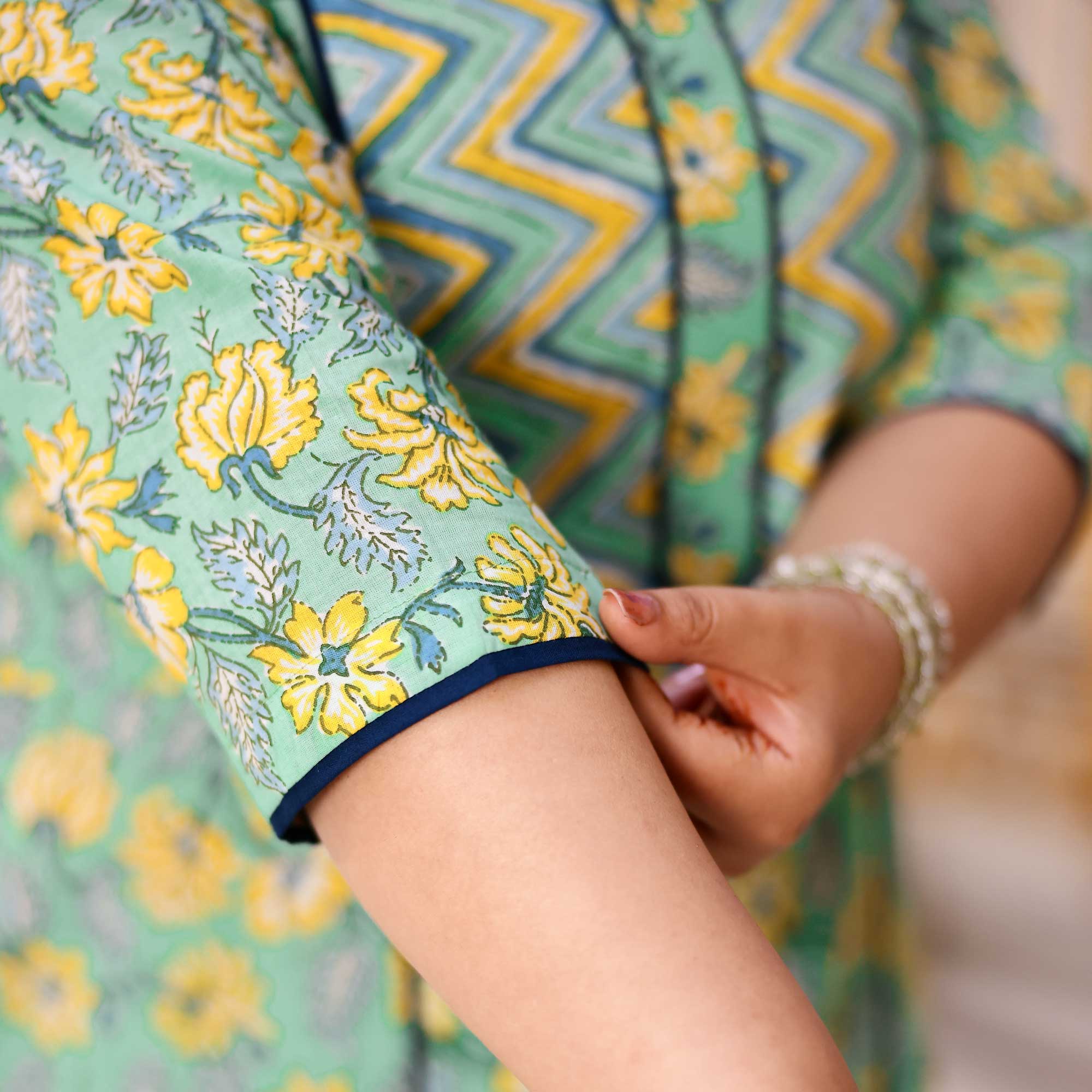 Lemon Mint Floral Cotton Kurta