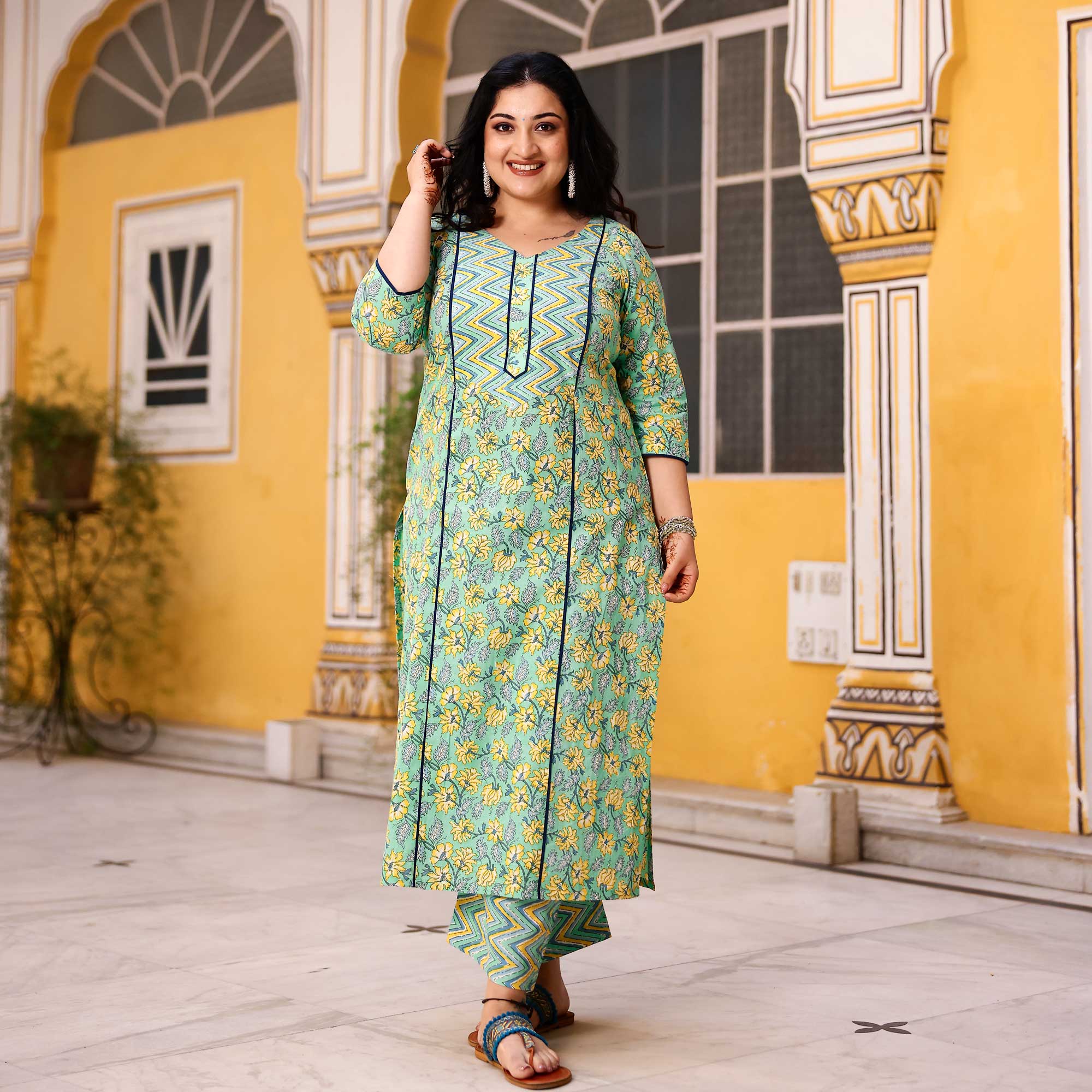 Lemon Mint Floral Cotton Kurta
