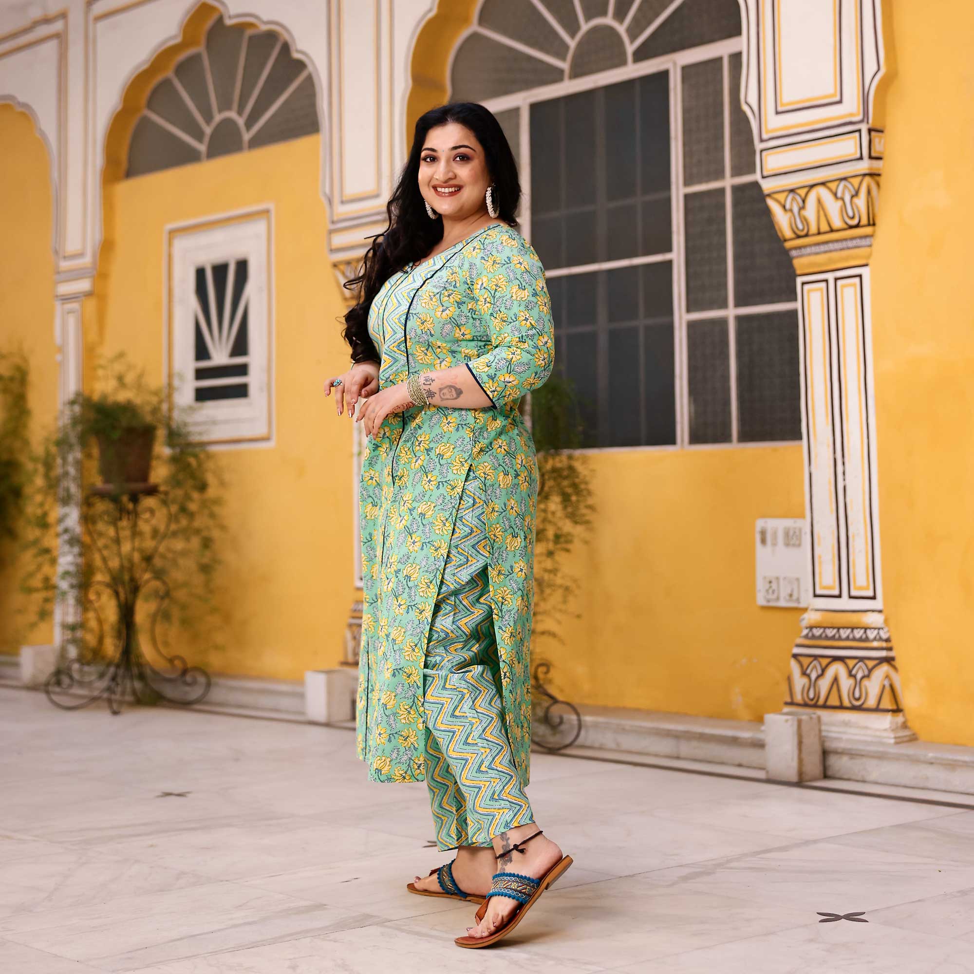 Lemon Mint Floral Cotton Kurta