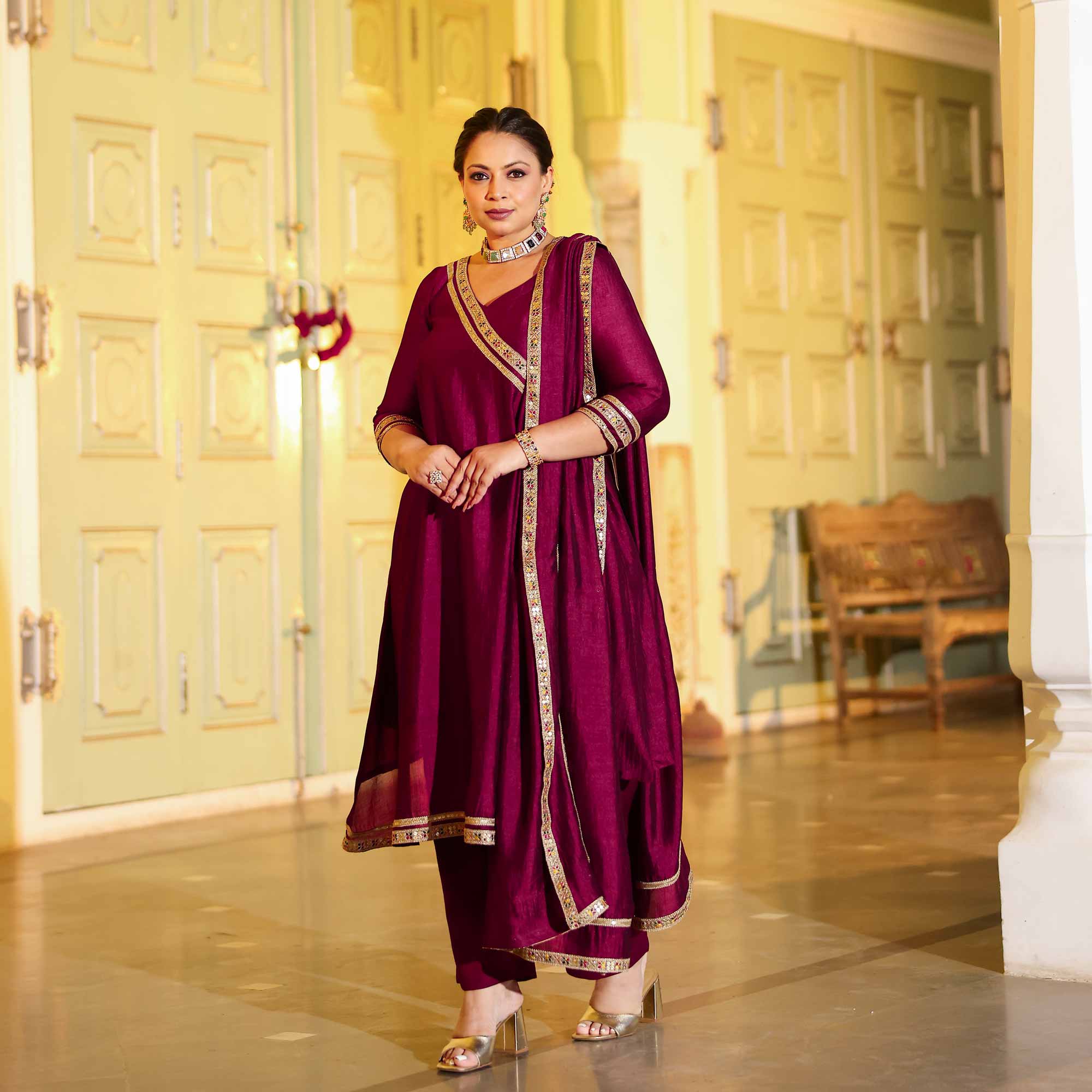 Deep Burgundy Romance Angrakha Suit Set