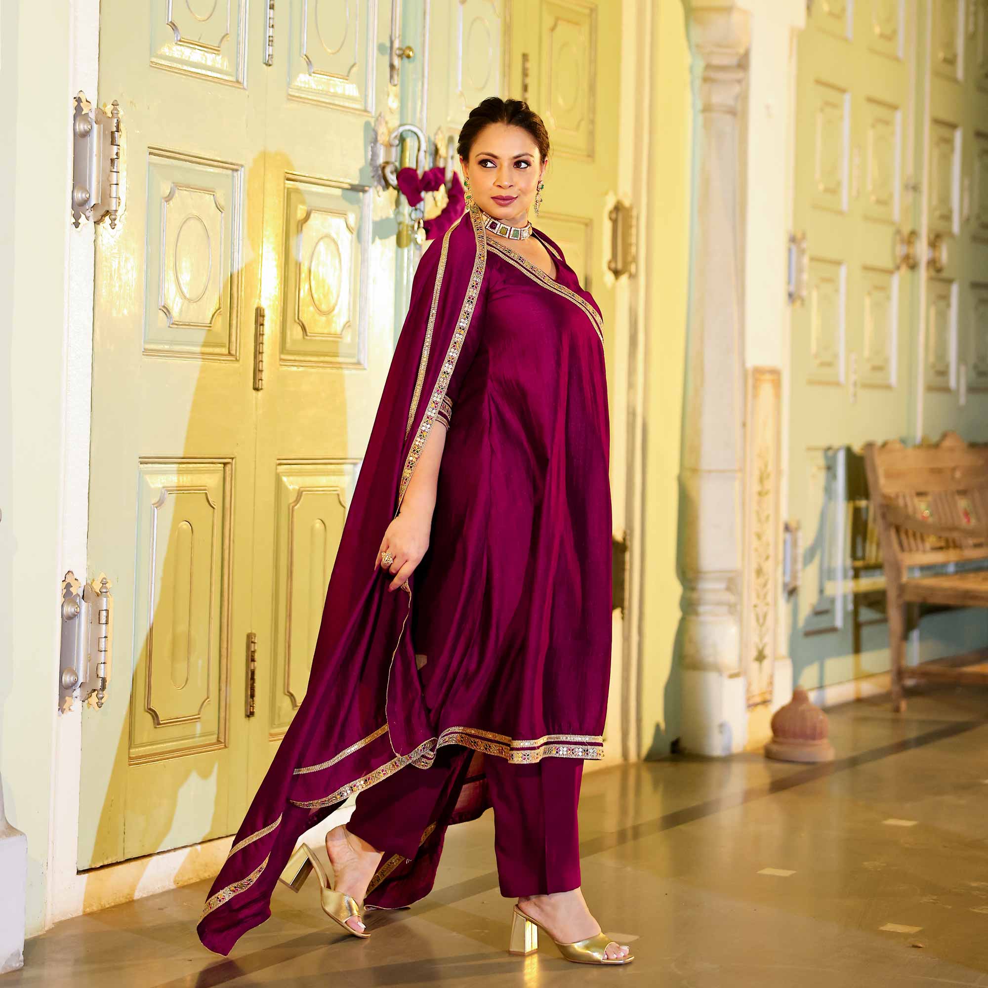 Deep Burgundy Romance Angrakha Suit Set