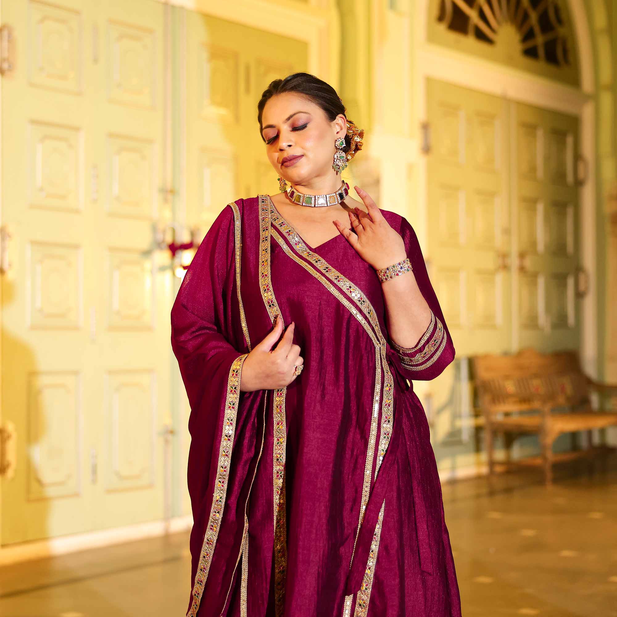 Deep Burgundy Romance Angrakha Suit Set