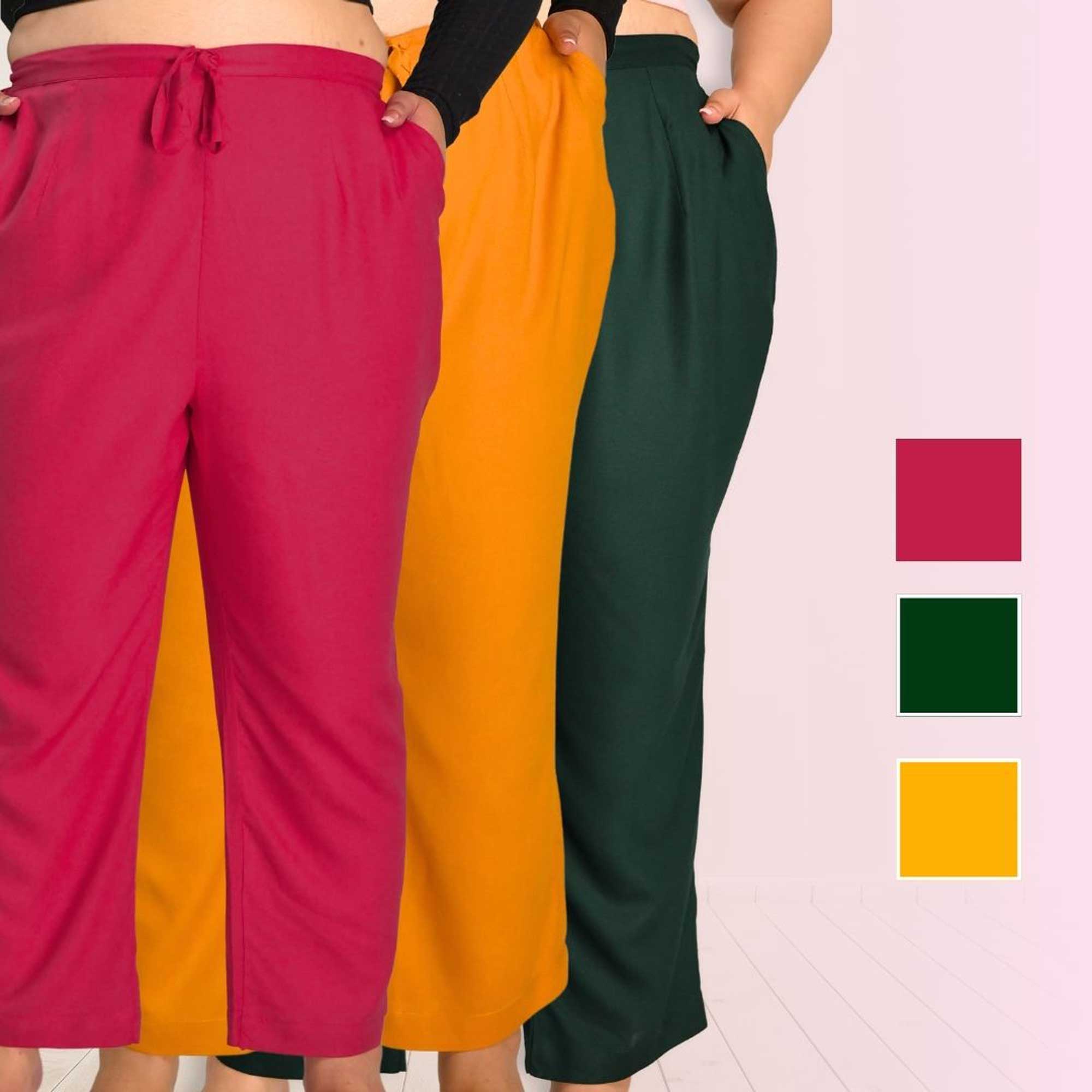 Plus Size Narrow Fit Pants Combo 4 (Rani Pink, Bottle Green, Mustard)