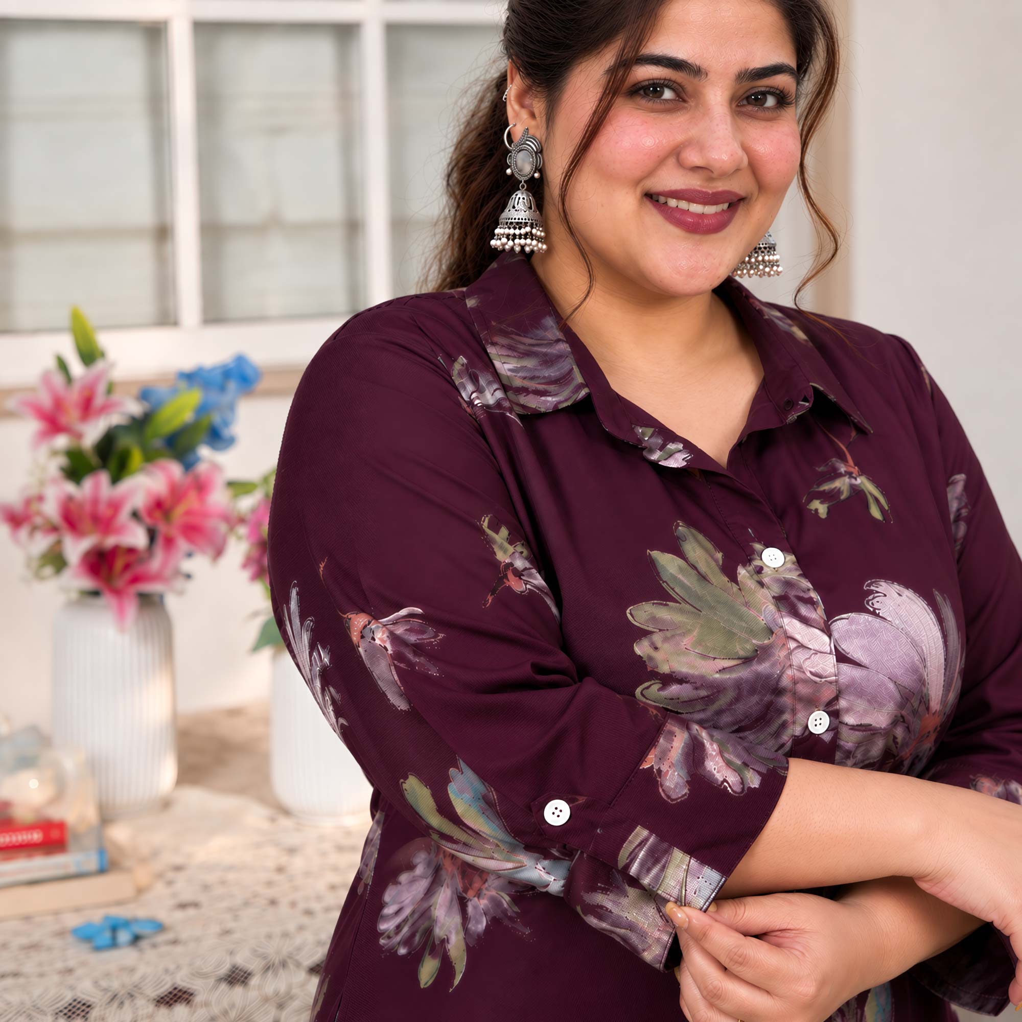 Charlotte- Wine Floral Printed Heavy GSM Rayon Cotton Kurta