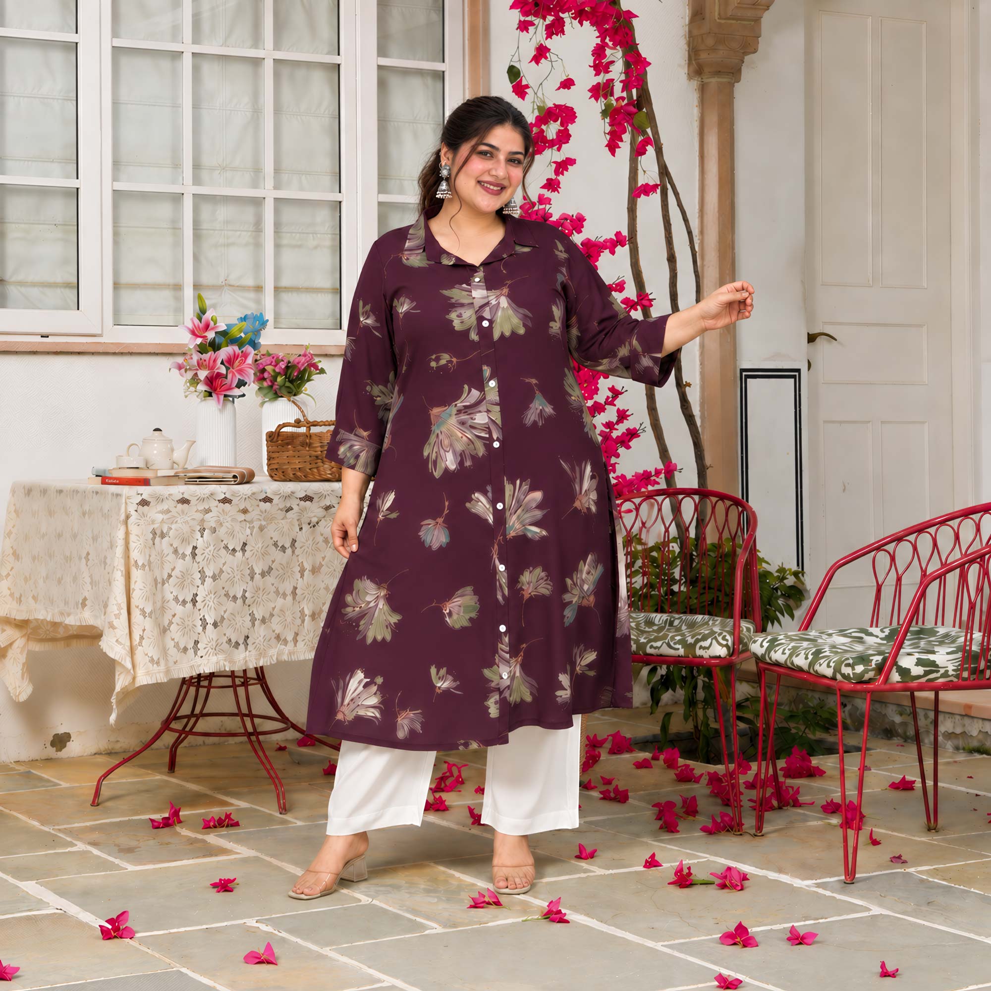 Charlotte- Wine Floral Printed Heavy GSM Rayon Cotton Kurta