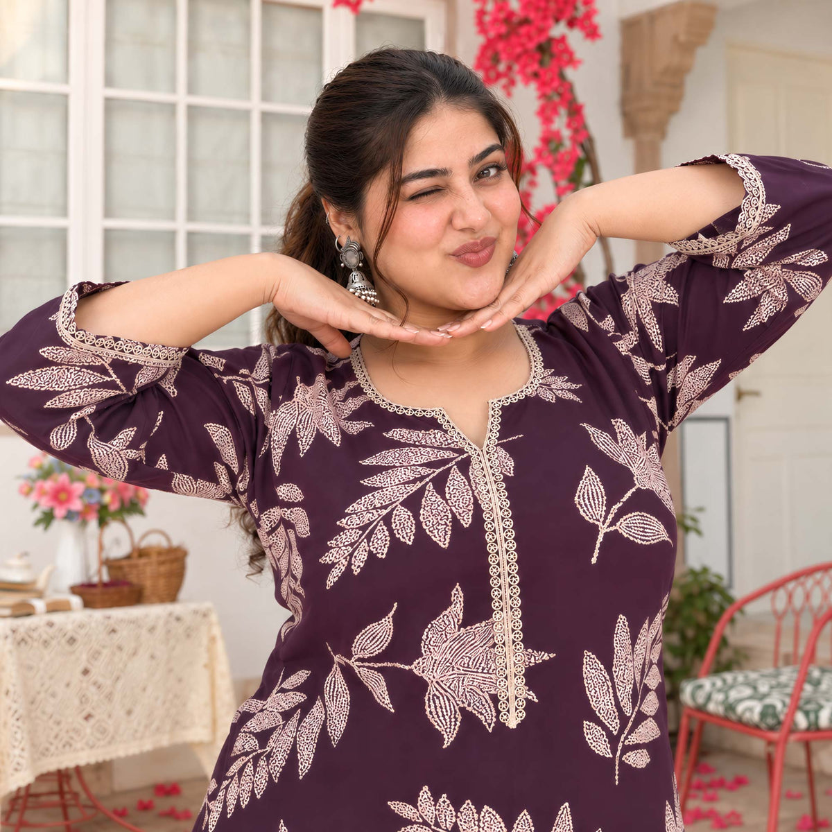 Erin- Wine & Gold Leaf Printed Rayon Cotton Kurta