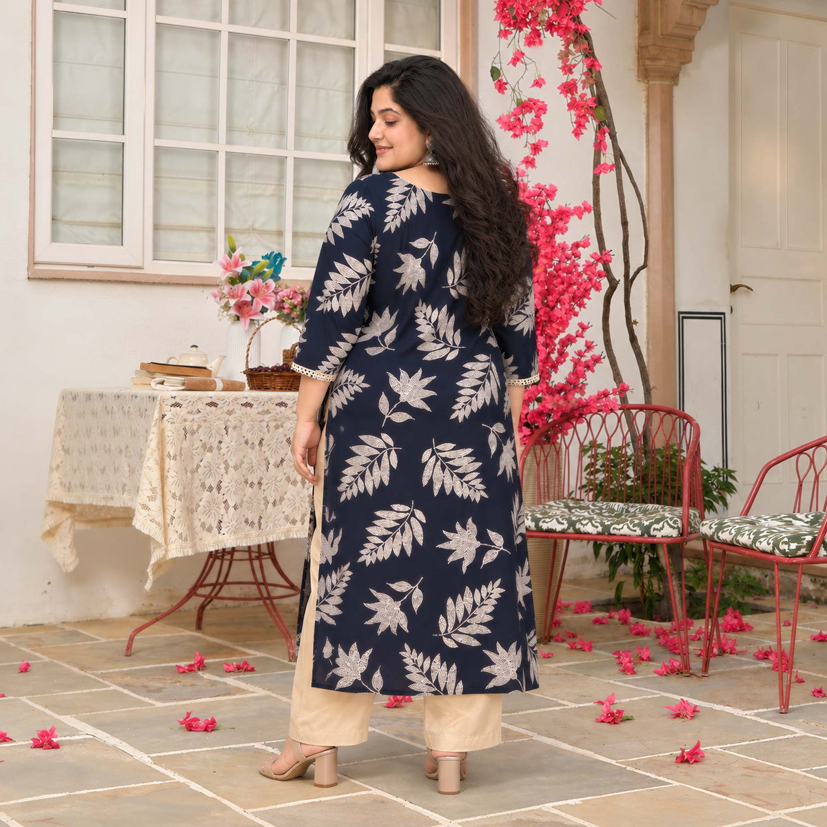 Gloria- Navy & Gold Floral Printed Rayon Cotton Kurta
