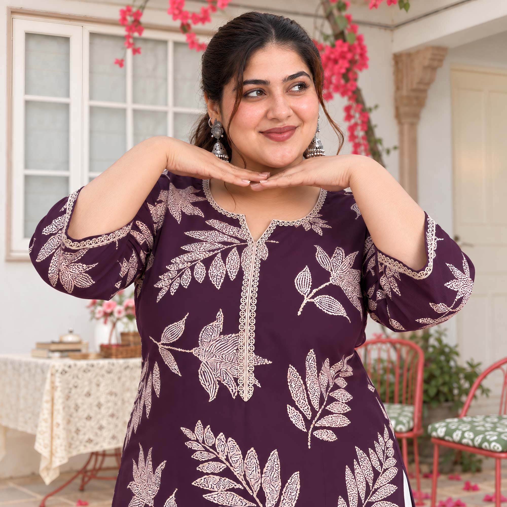 Erin- Wine & Gold Leaf Printed Rayon Cotton Kurta