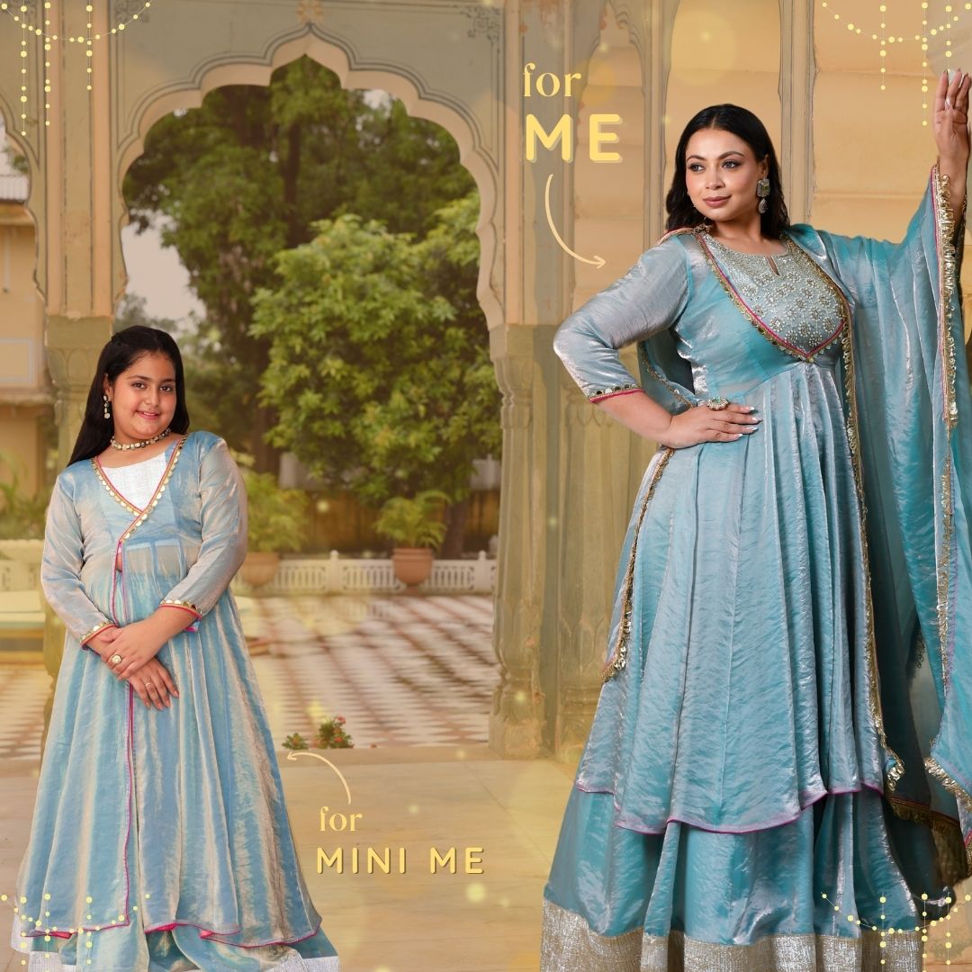 Aasman Ka Moti - Sky Blue Tissue Silk Embroidered Cape Set