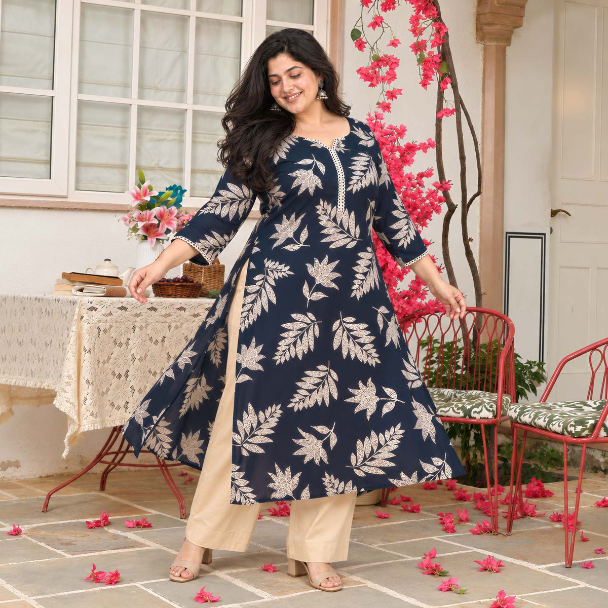 Gloria- Navy & Gold Floral Printed Rayon Cotton Kurta