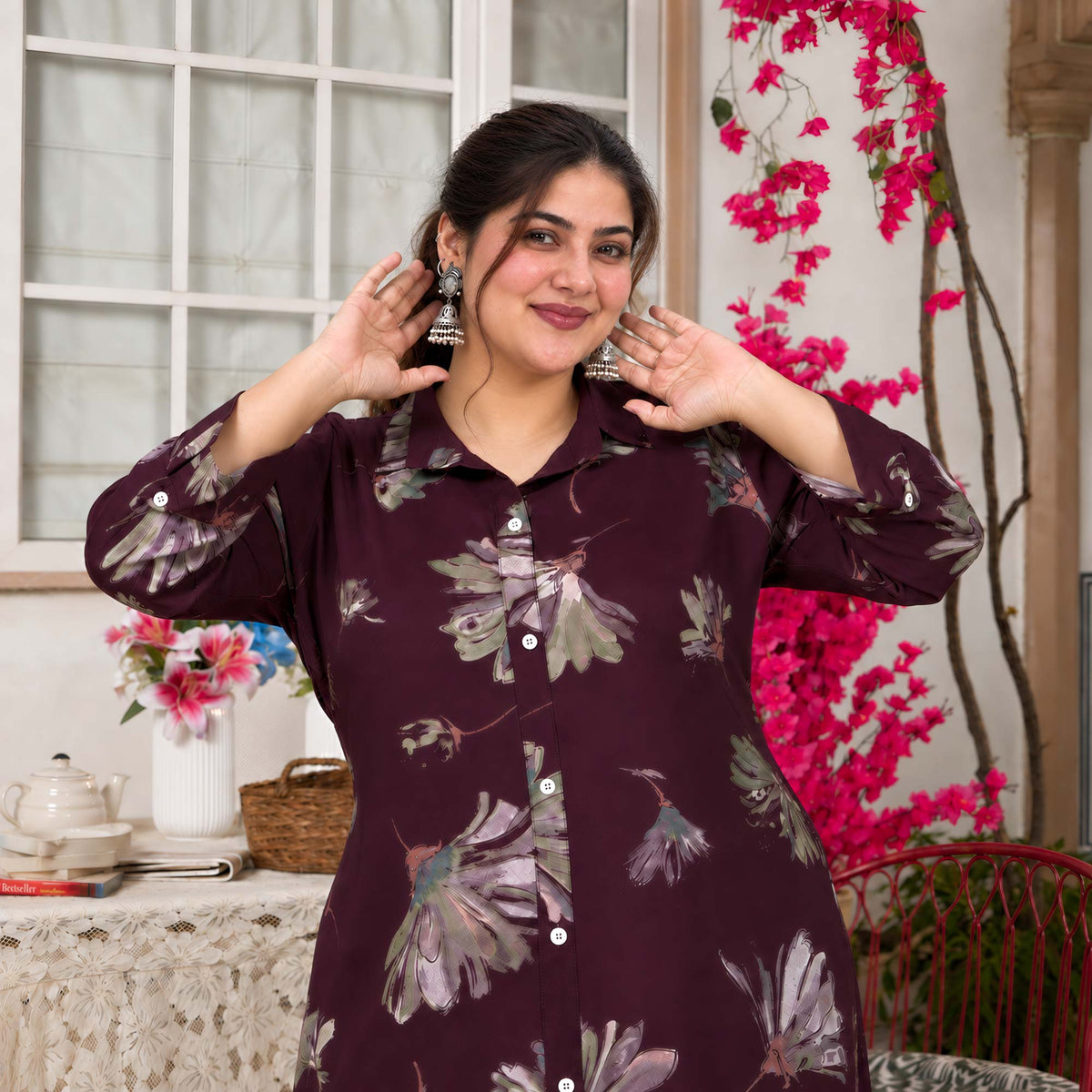 Charlotte- Wine Floral Printed Heavy GSM Rayon Cotton Kurta