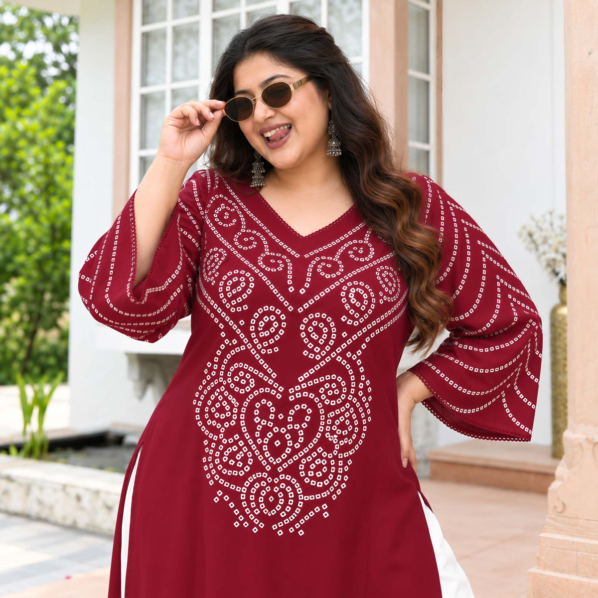 August- Maroon Bandhani Heavy GSM Rayon Cotton Farshi Set
