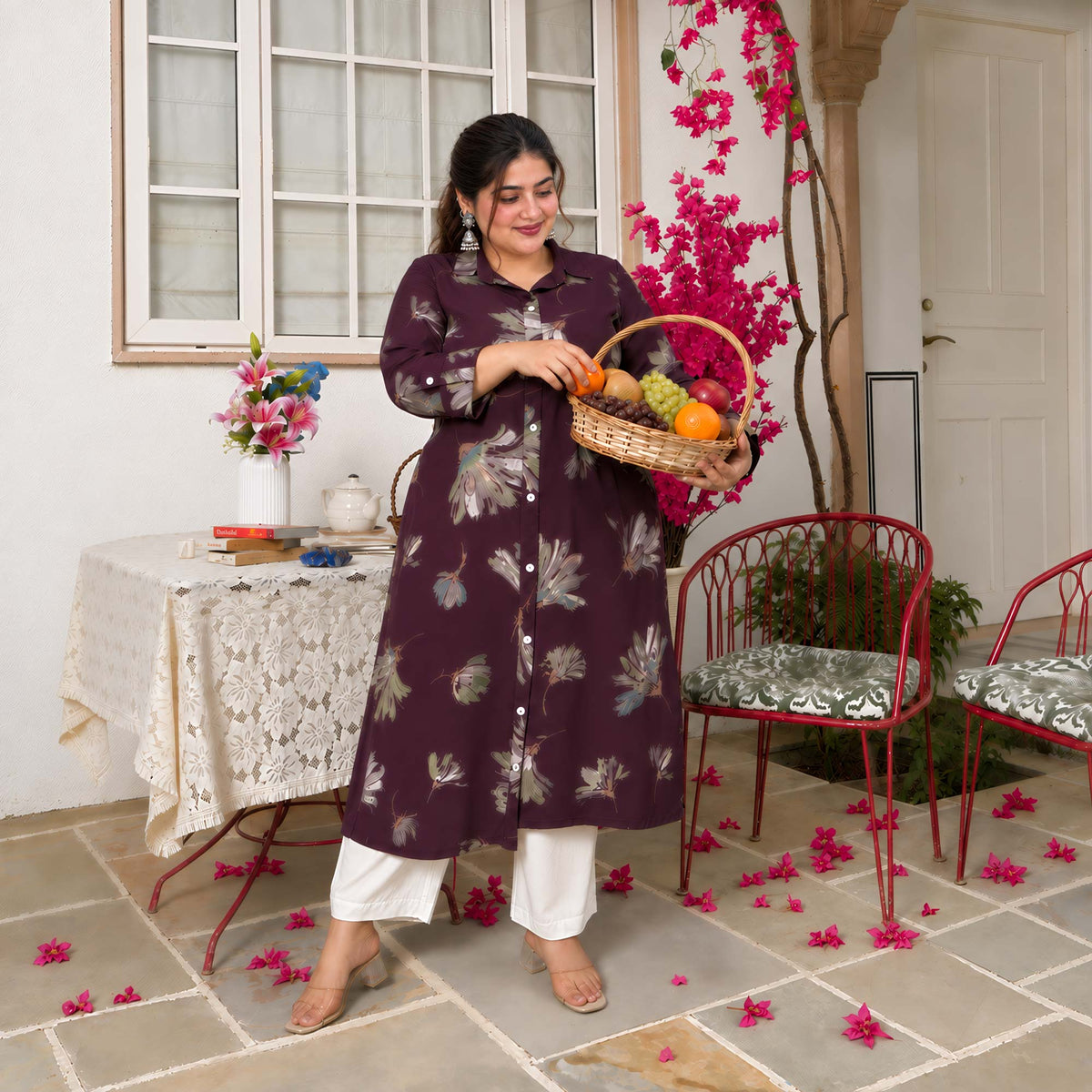 Charlotte- Wine Floral Printed Heavy GSM Rayon Cotton Kurta