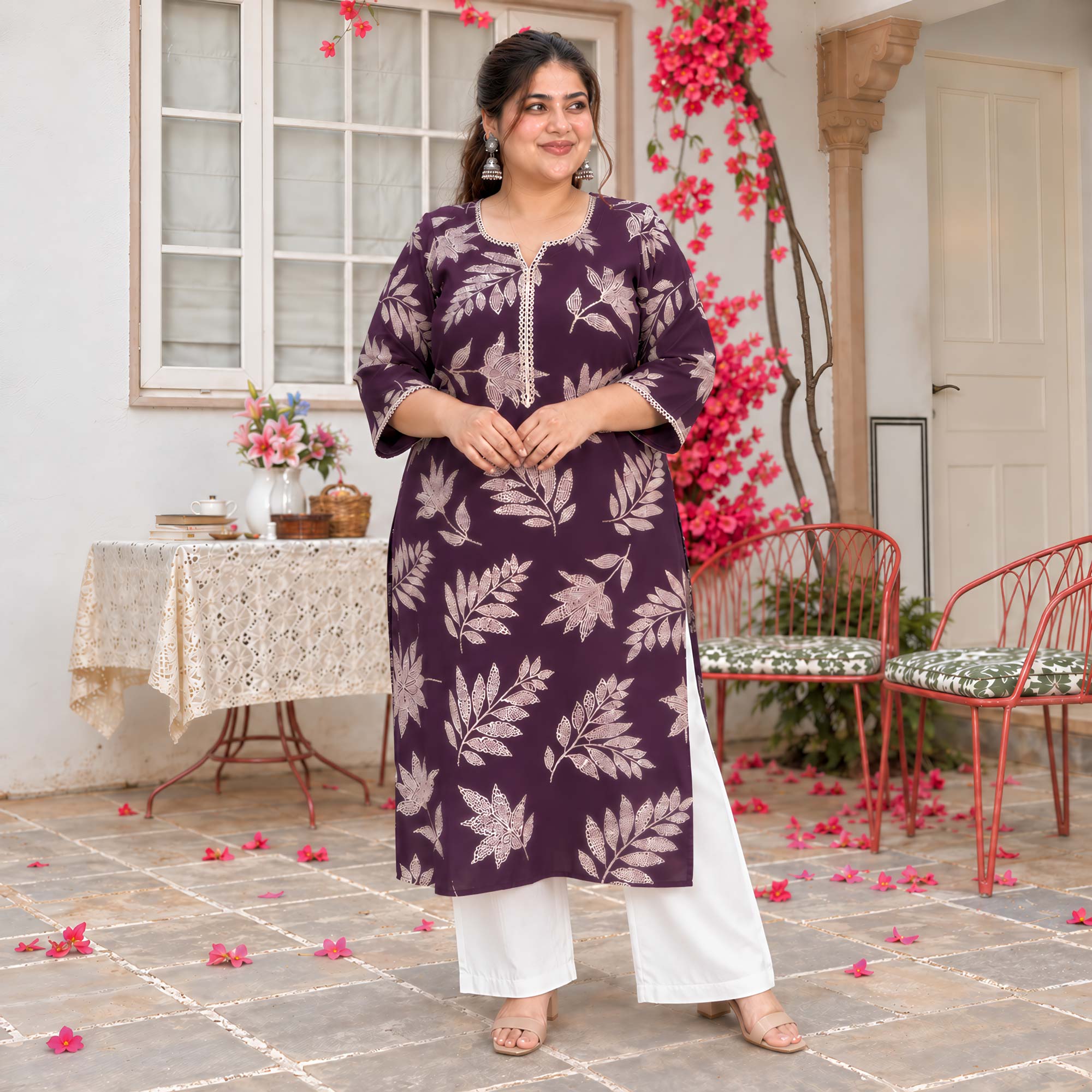 Erin- Wine & Gold Leaf Printed Rayon Cotton Kurta