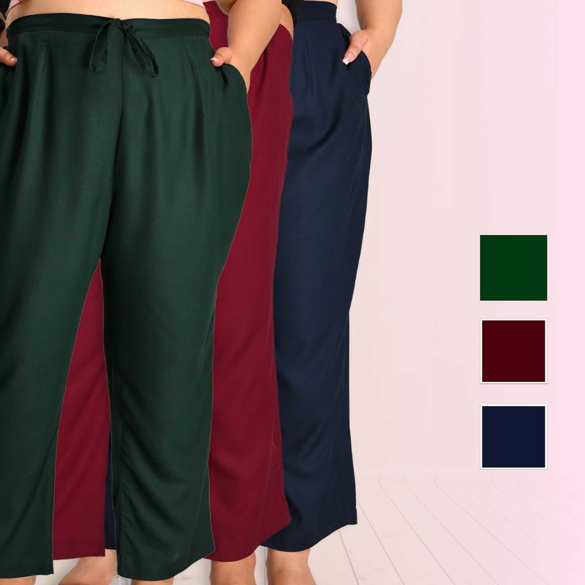 Plus Size Narrow Fit Pants Combo 2 (Navy Blue, Bottle Green, Maroon)