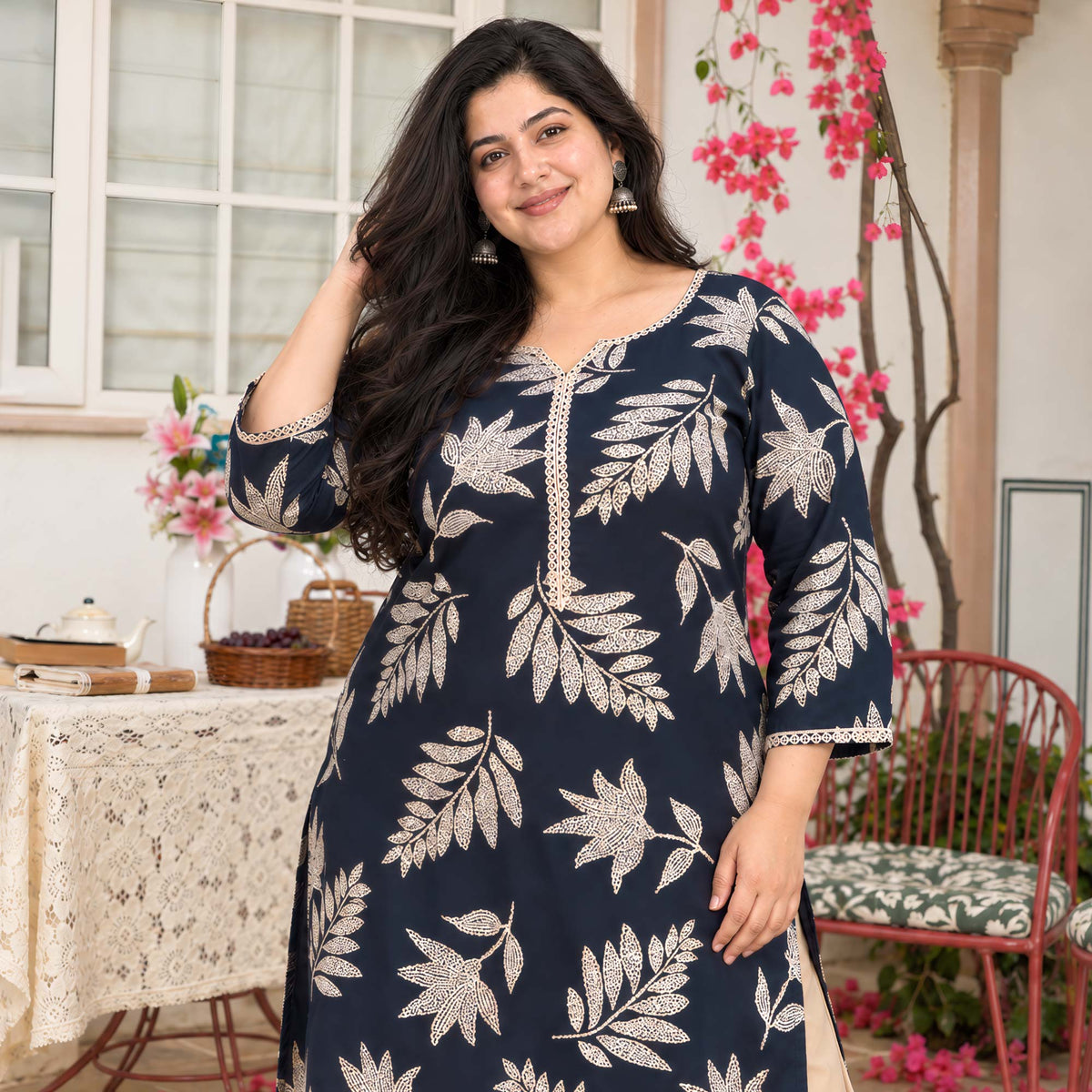 Gloria- Navy & Gold Floral Printed Rayon Cotton Kurta
