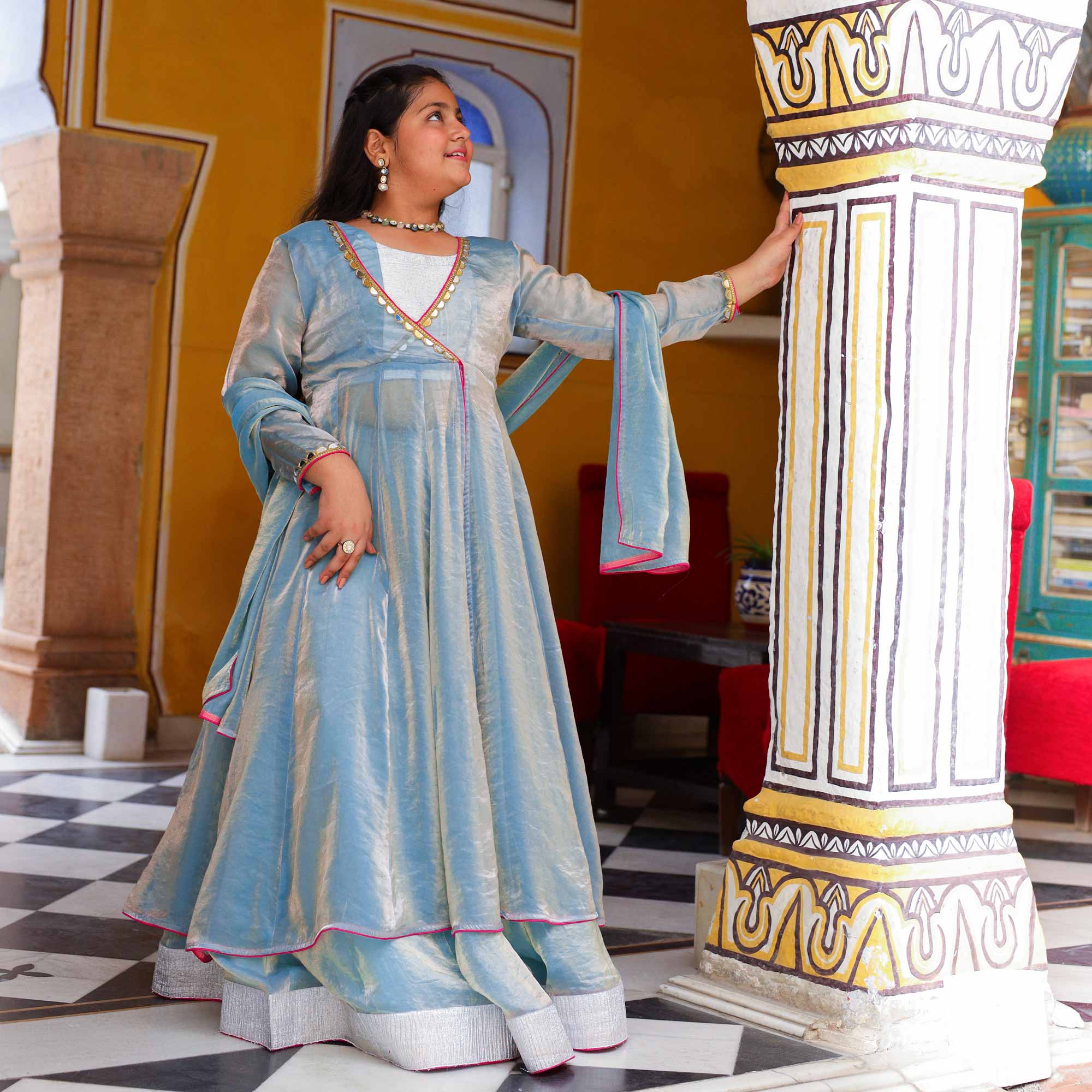 Soft Blue- Kids Tissue Silk Cape Set