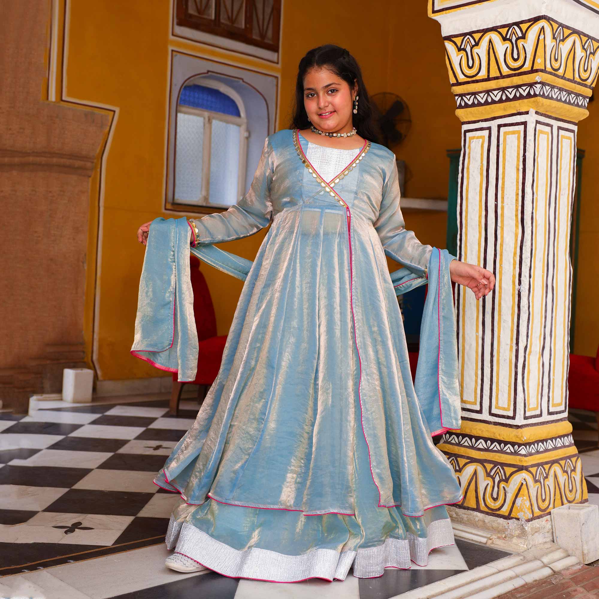 Soft Blue- Kids Tissue Silk Cape Set