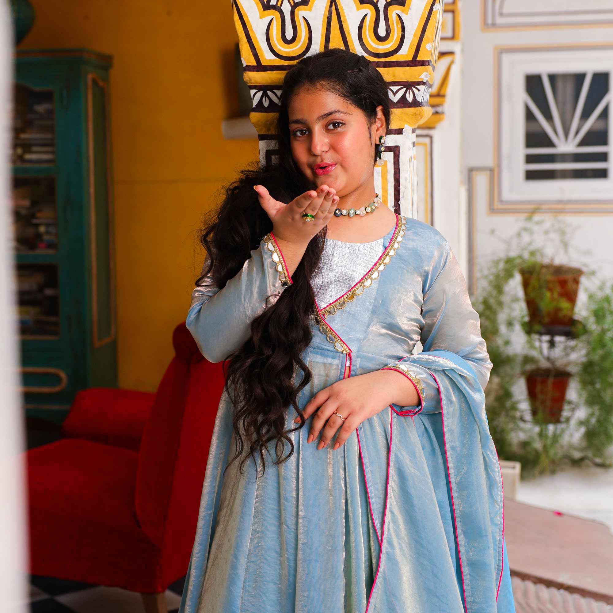 Soft Blue- Kids Tissue Silk Cape Set