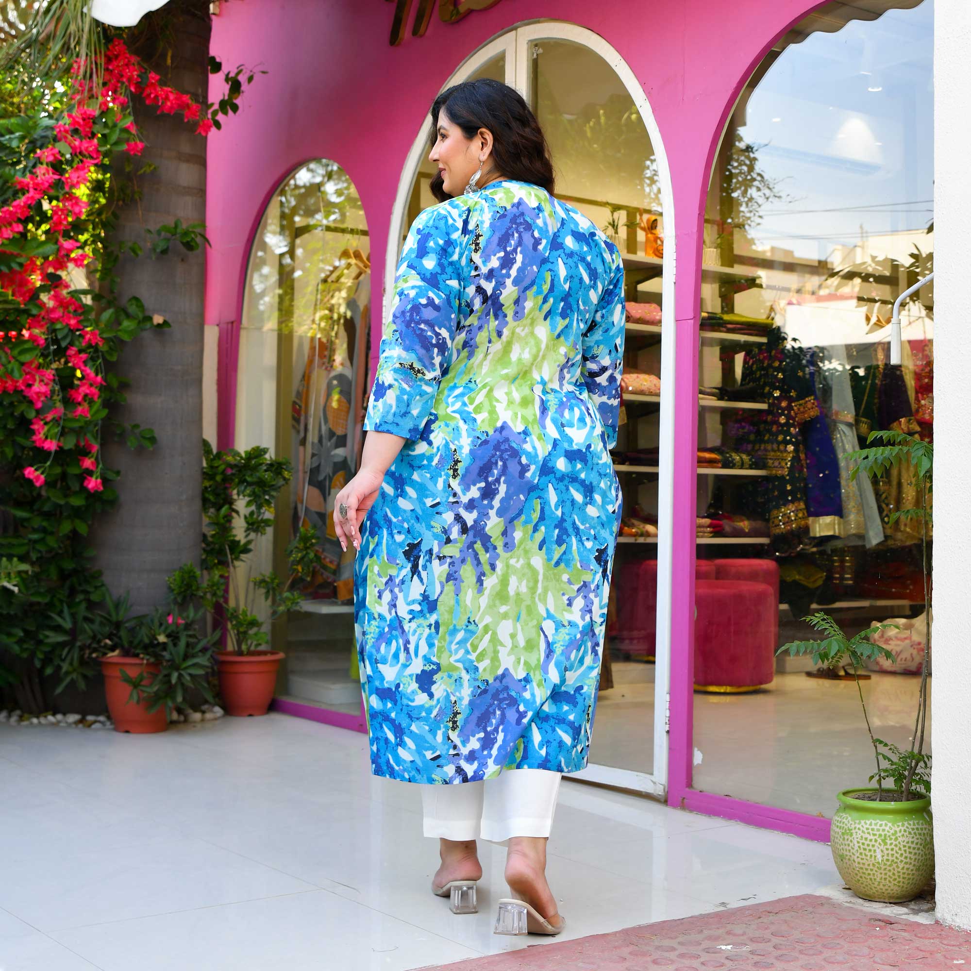 Water Lily- Teal & Green Abstract Printed Pure Cotton Kurta