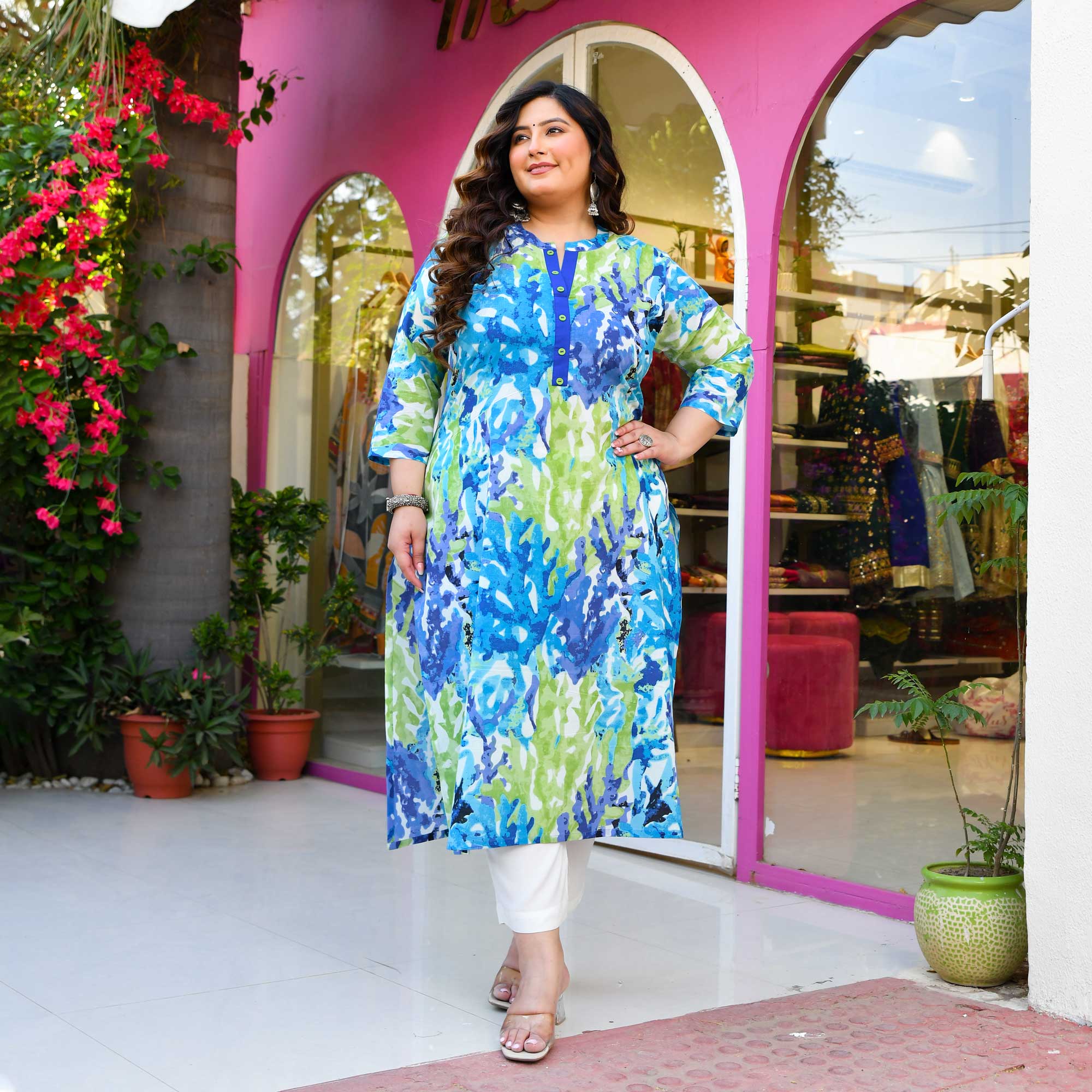 Water Lily- Teal & Green Abstract Printed Pure Cotton Kurta