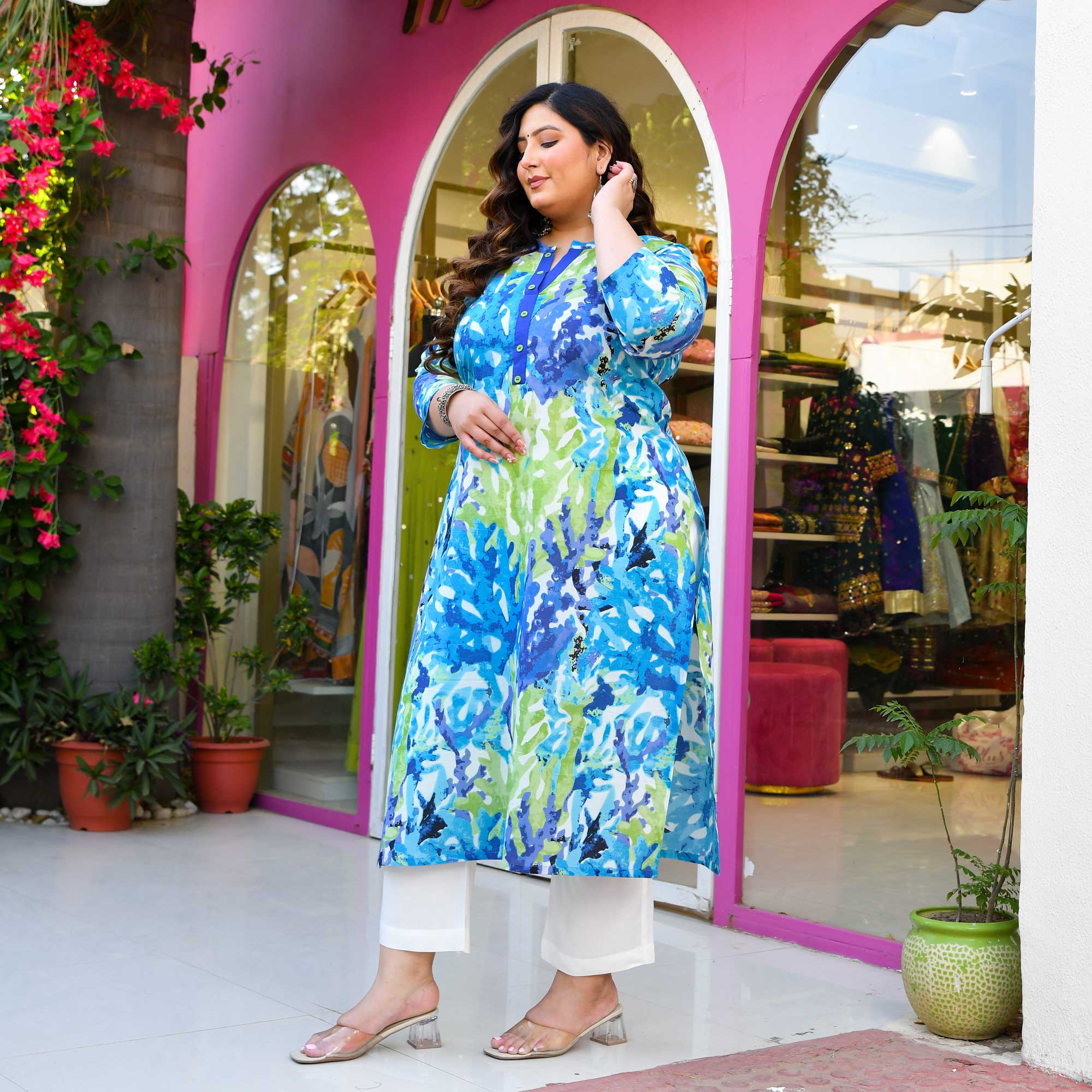 Water Lily- Teal & Green Abstract Printed Pure Cotton Kurta