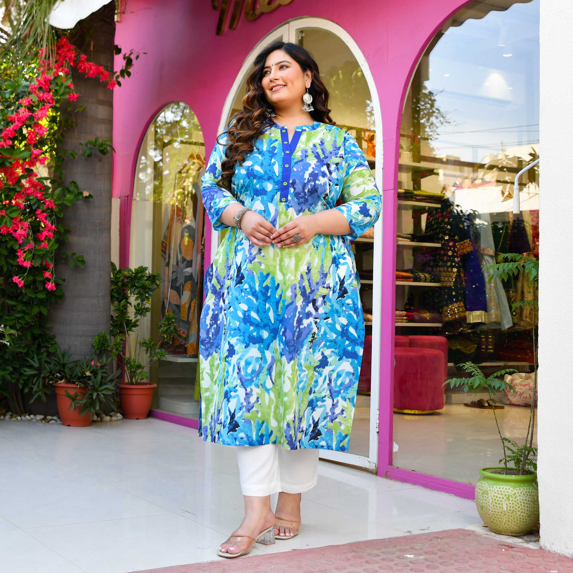 Water Lily- Teal & Green Abstract Printed Pure Cotton Kurta