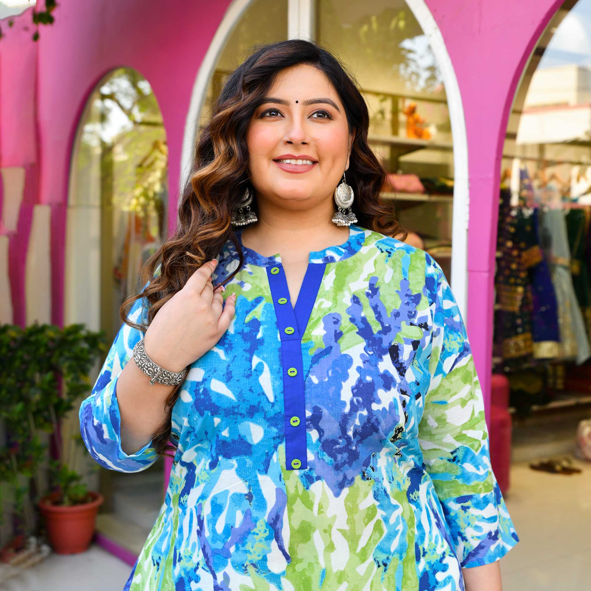 Water Lily- Teal & Green Abstract Printed Pure Cotton Kurta