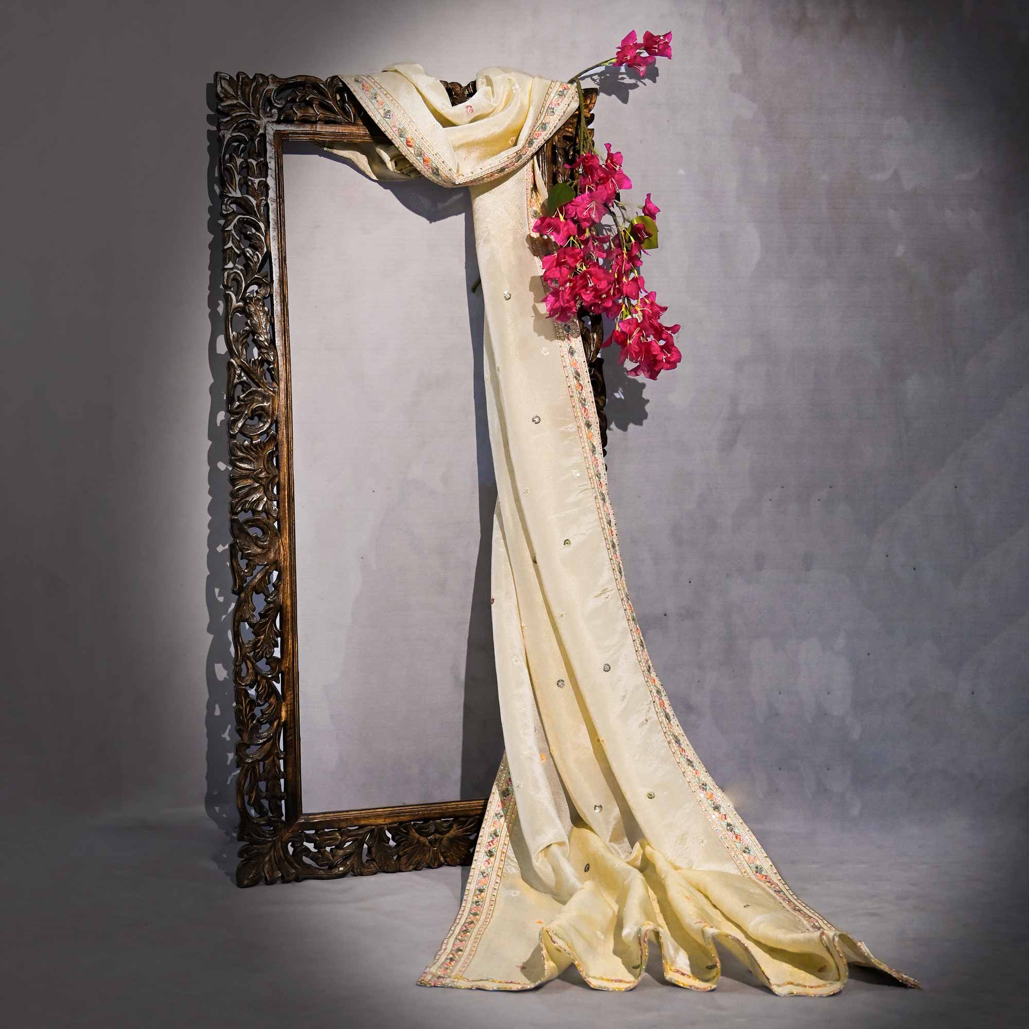 RAGINI Off-White & Gold Sequin Embroidered Pure Tissue Silk Anarkali Set