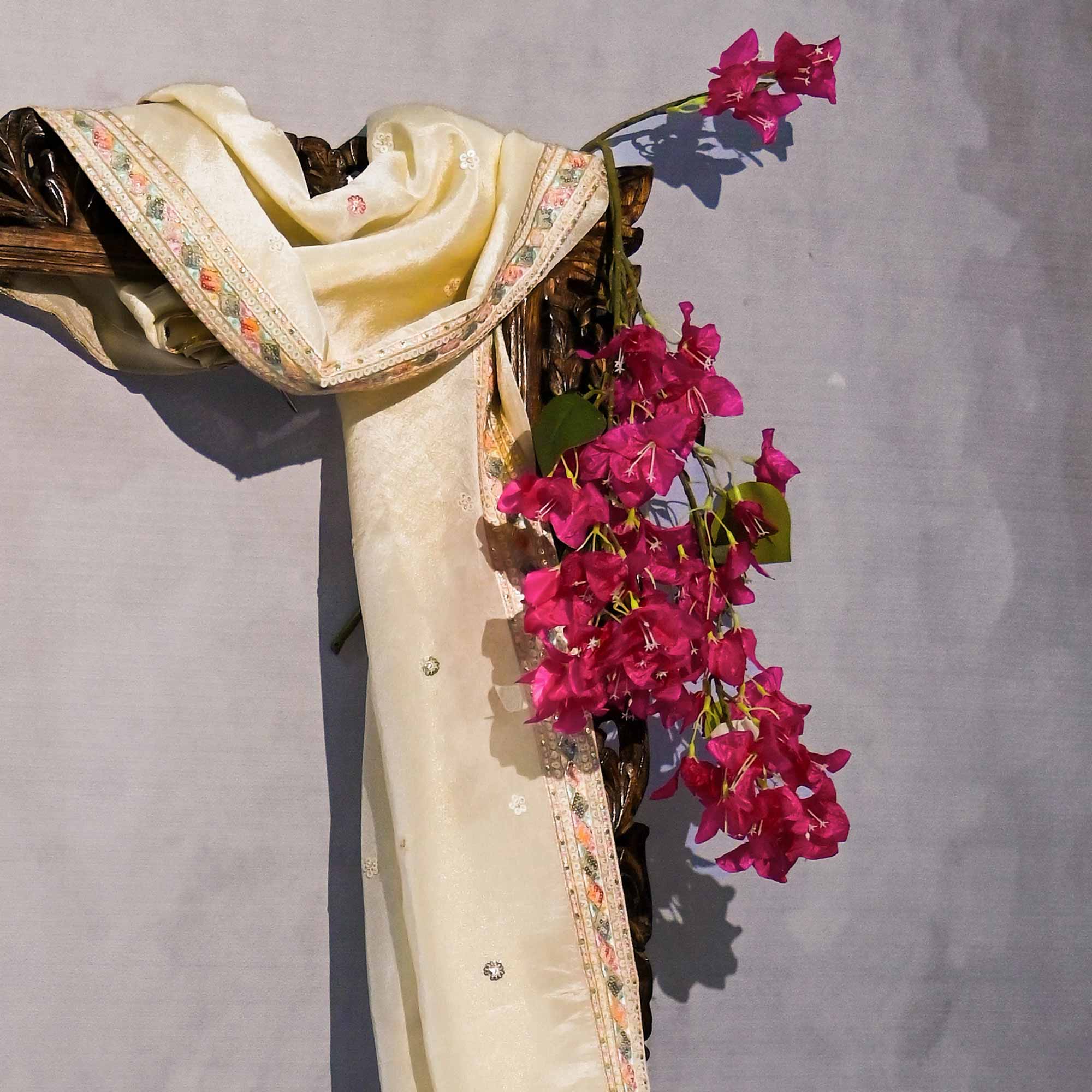 RAGINI Off-White & Gold Sequin Embroidered Pure Tissue Silk Anarkali Set