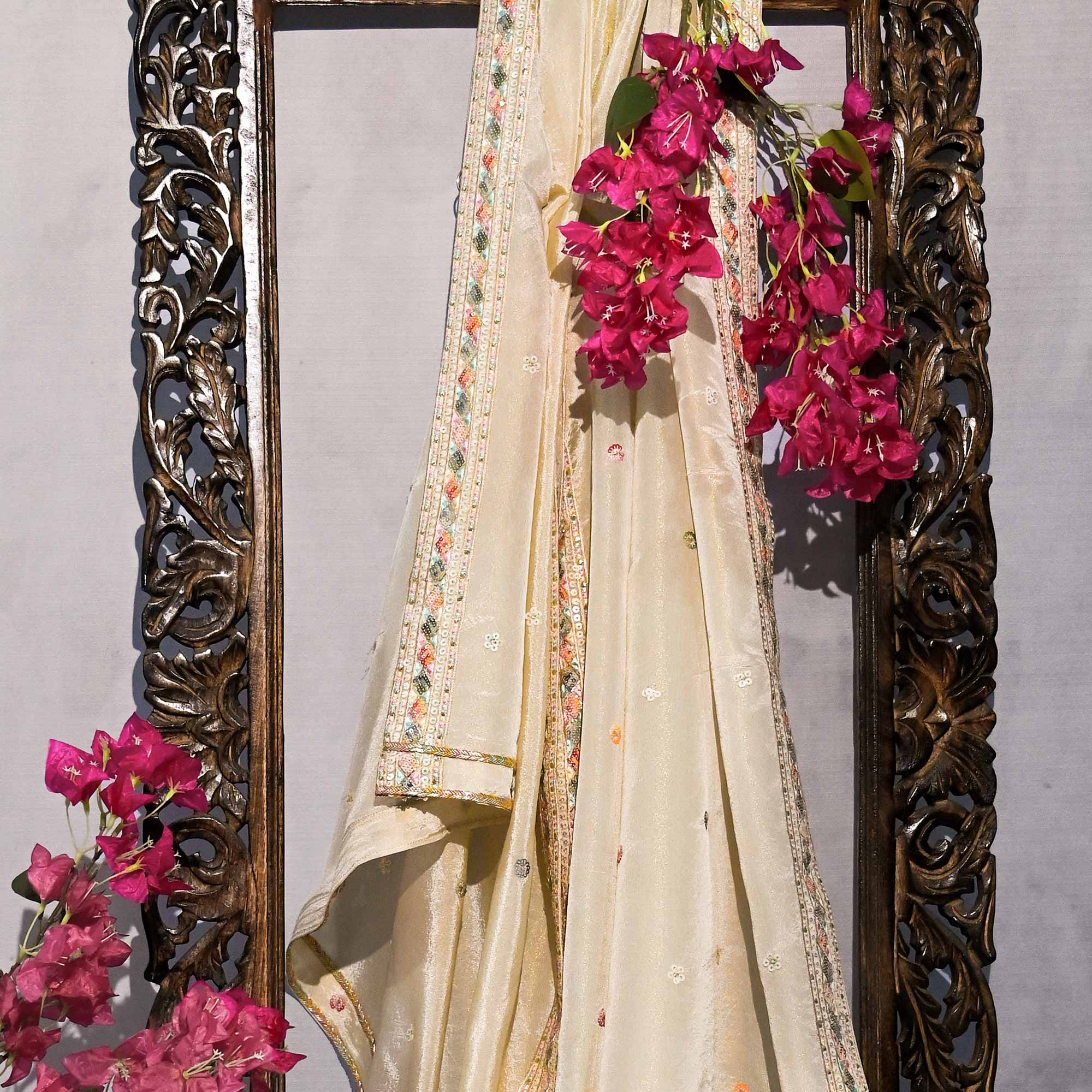 RAGINI Off-White & Gold Sequin Embroidered Pure Tissue Silk Anarkali Set
