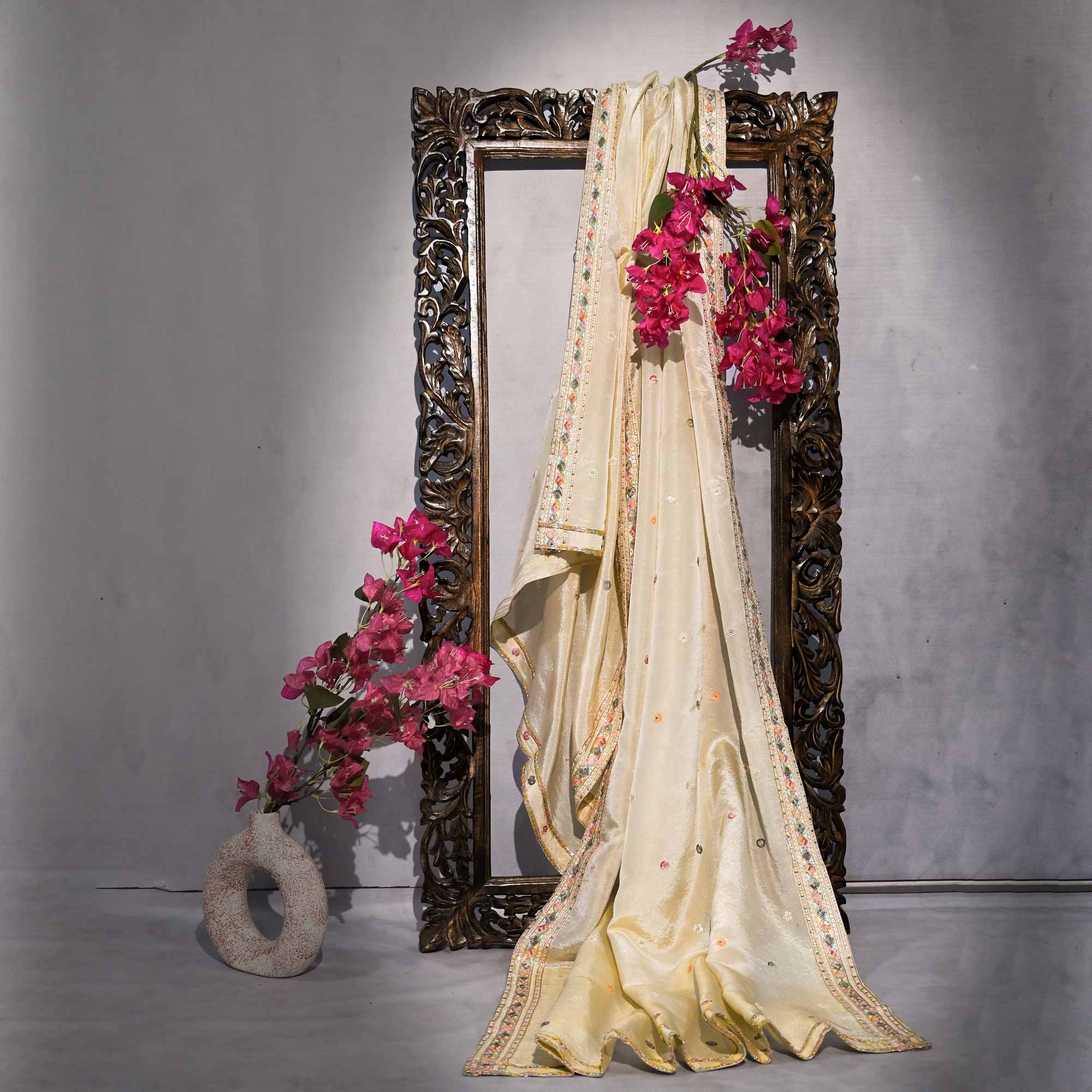 RAGINI Off-White & Gold Sequin Embroidered Pure Tissue Silk Anarkali Set