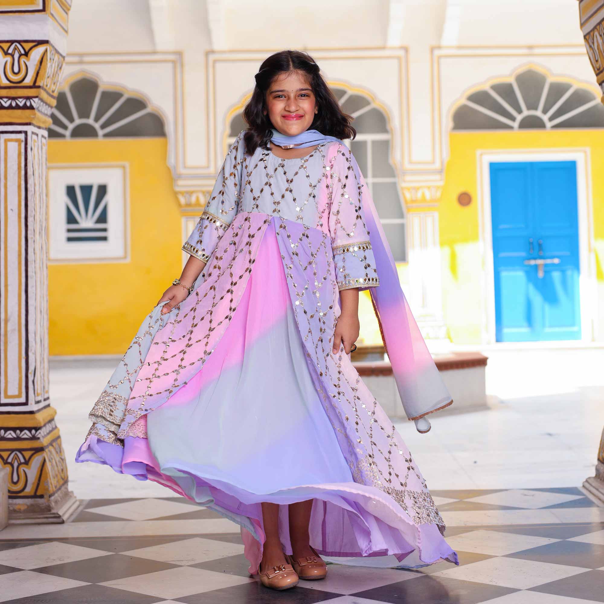 Princess- Pastel Ombre Kids Sequin Embroidered Dress