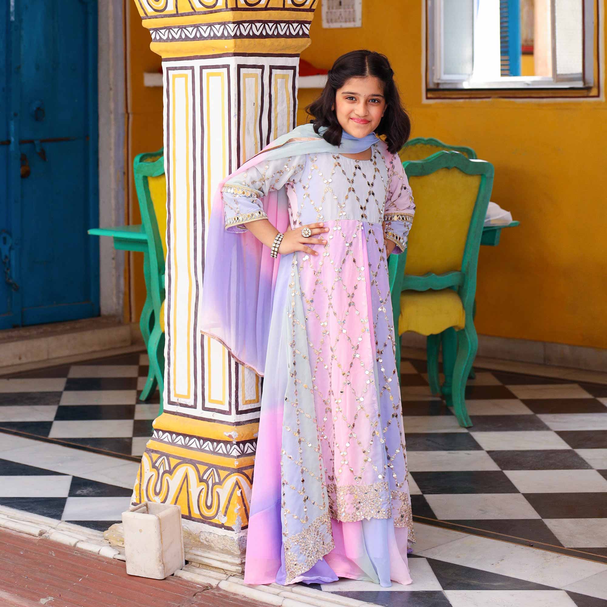 Princess- Pastel Ombre Kids Sequin Embroidered Dress