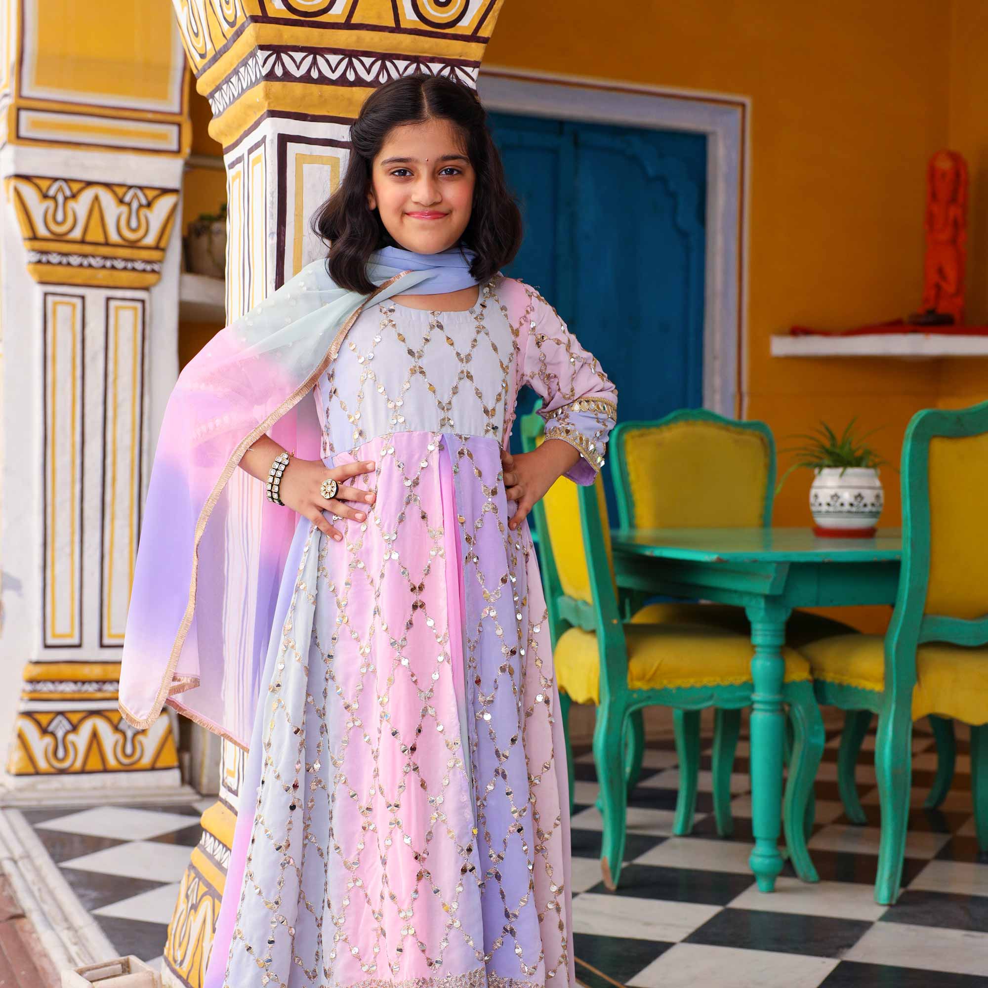 Princess- Pastel Ombre Kids Sequin Embroidered Dress