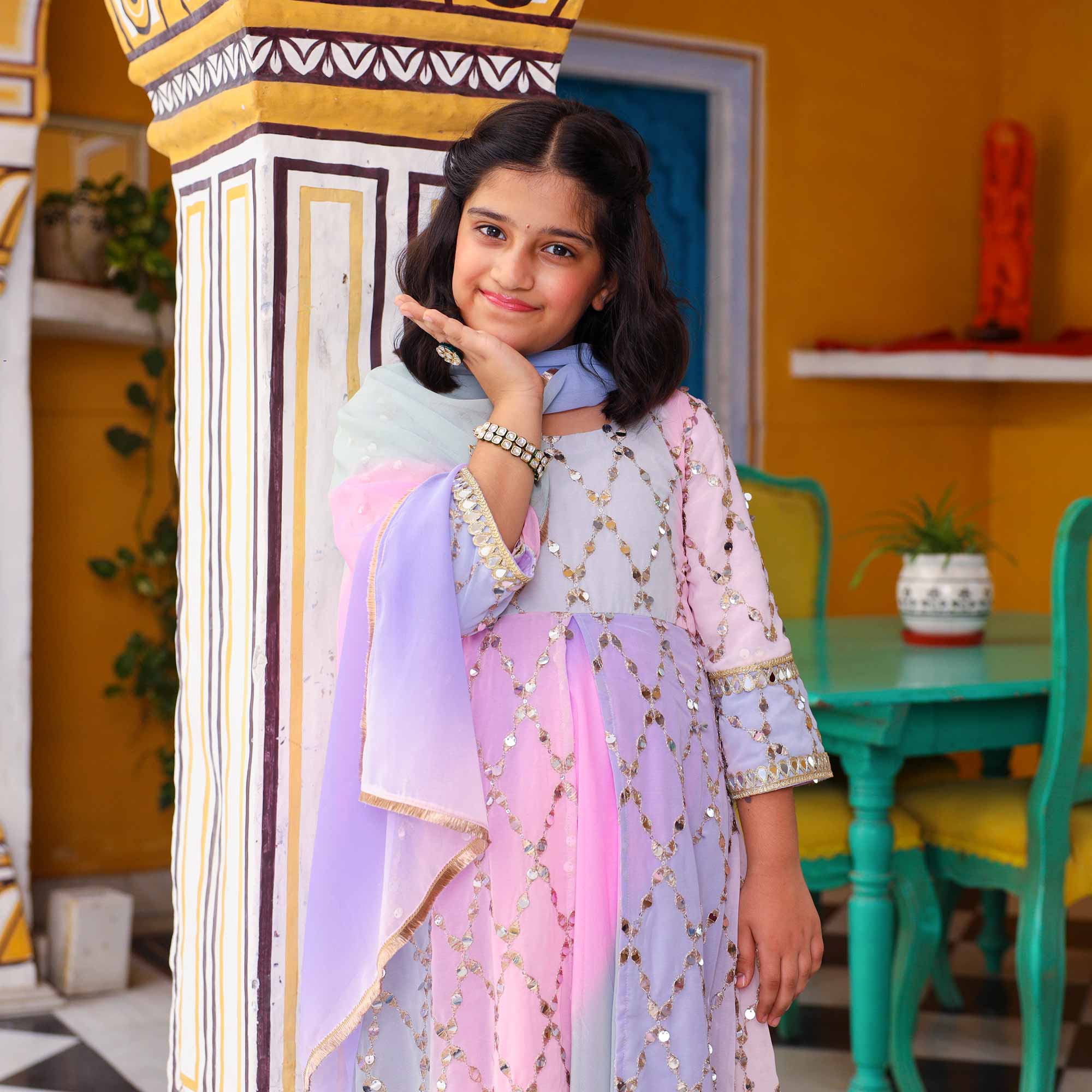 Princess- Pastel Ombre Kids Sequin Embroidered Dress