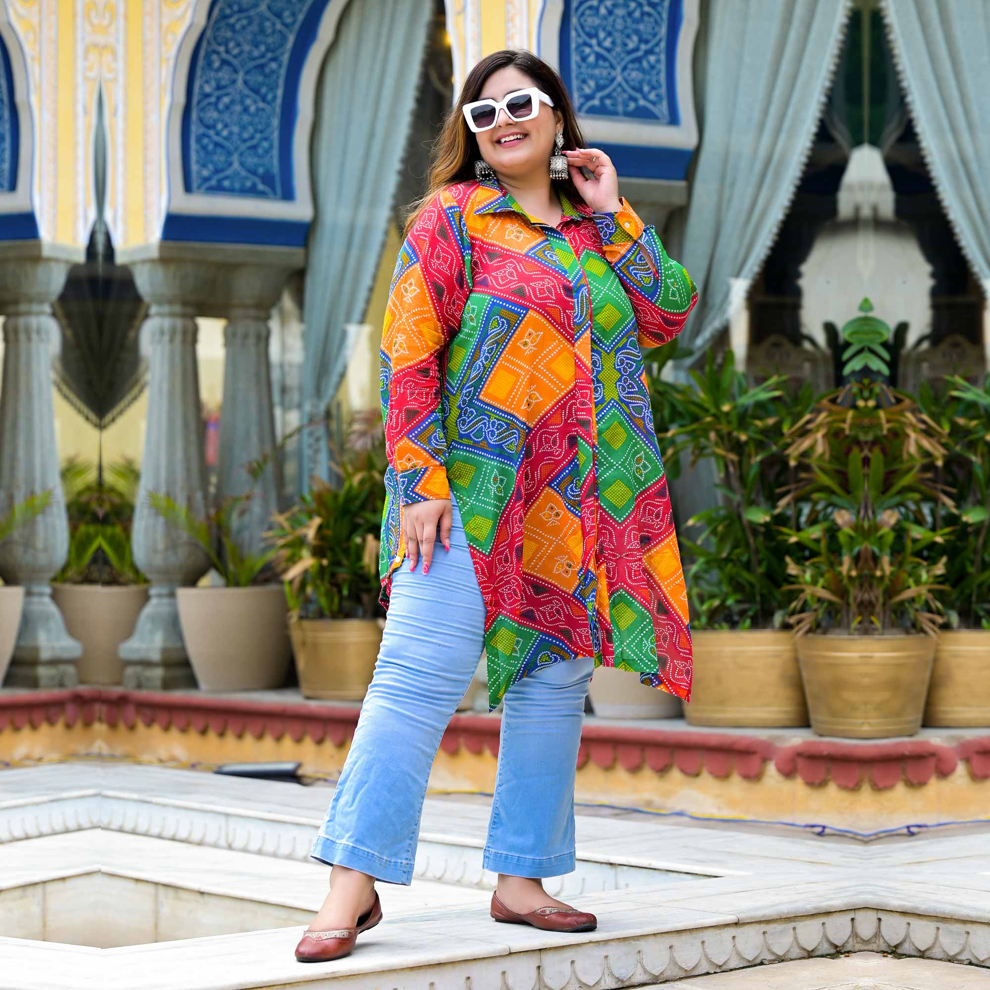 Blissful Bandhani Asymmetrical Button - down Shirt