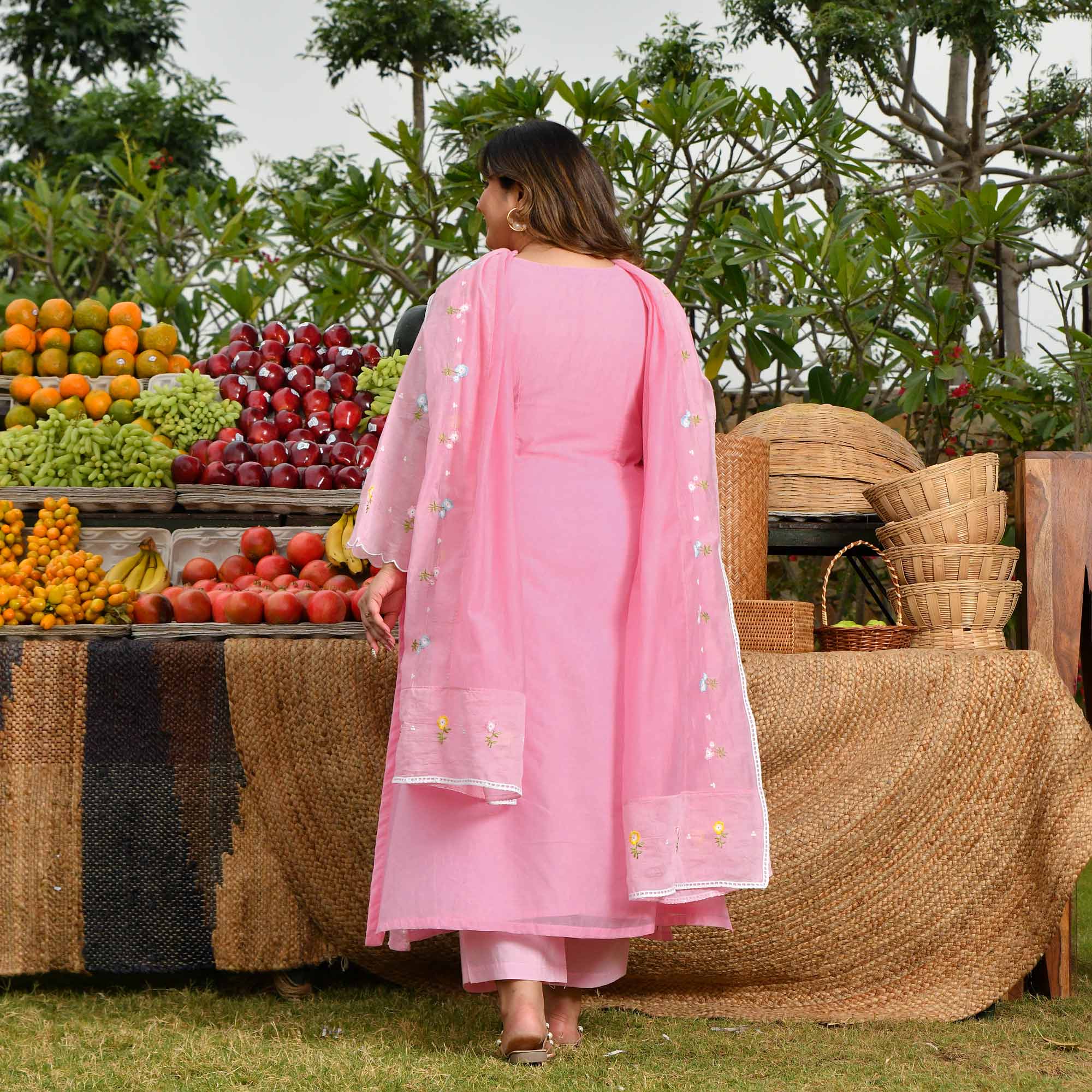 Lychee- Rose Pink Thread Embroidered Mul Chanderi Suit Set