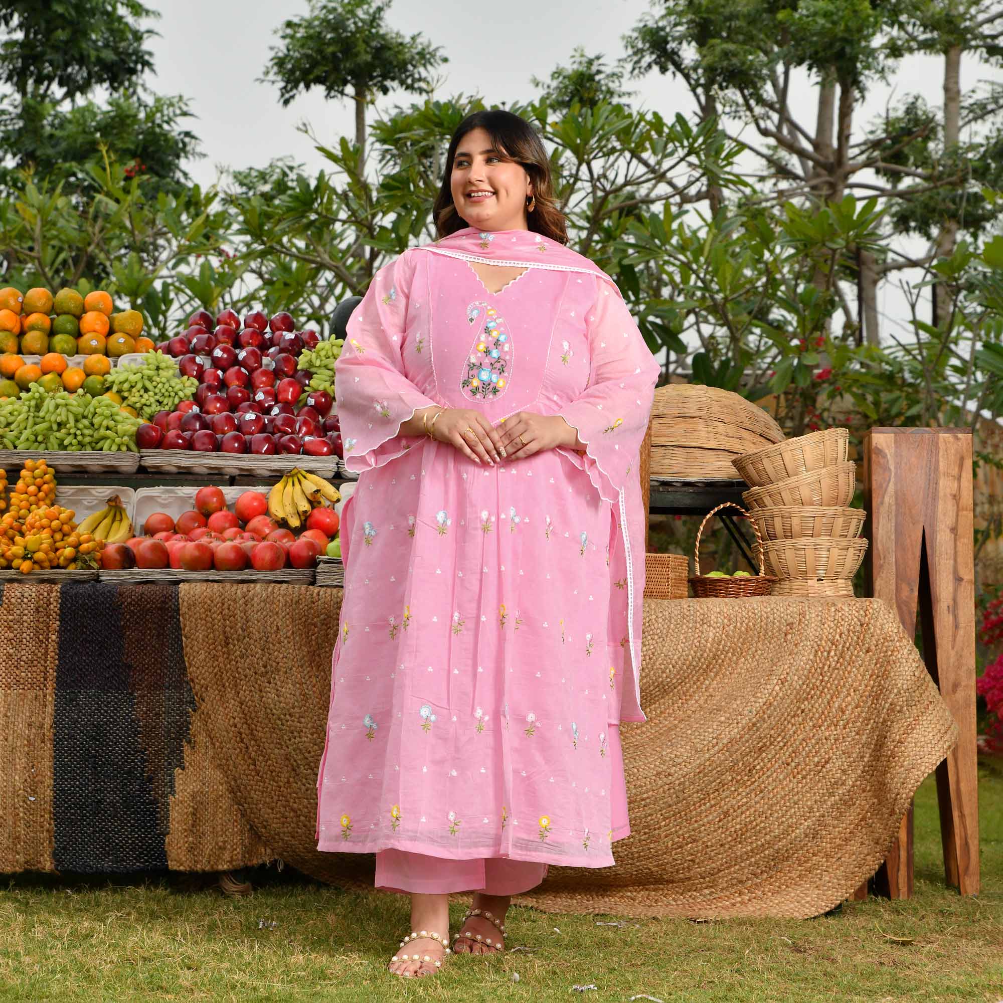 Lychee- Rose Pink Thread Embroidered Mul Chanderi Suit Set