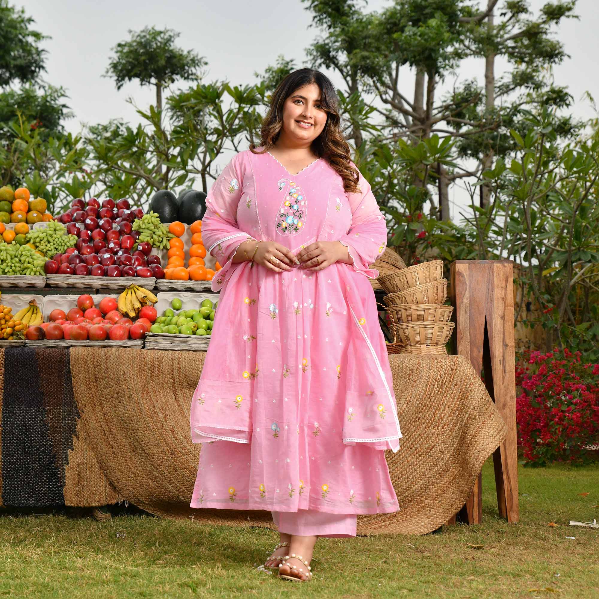 Lychee- Rose Pink Thread Embroidered Mul Chanderi Suit Set