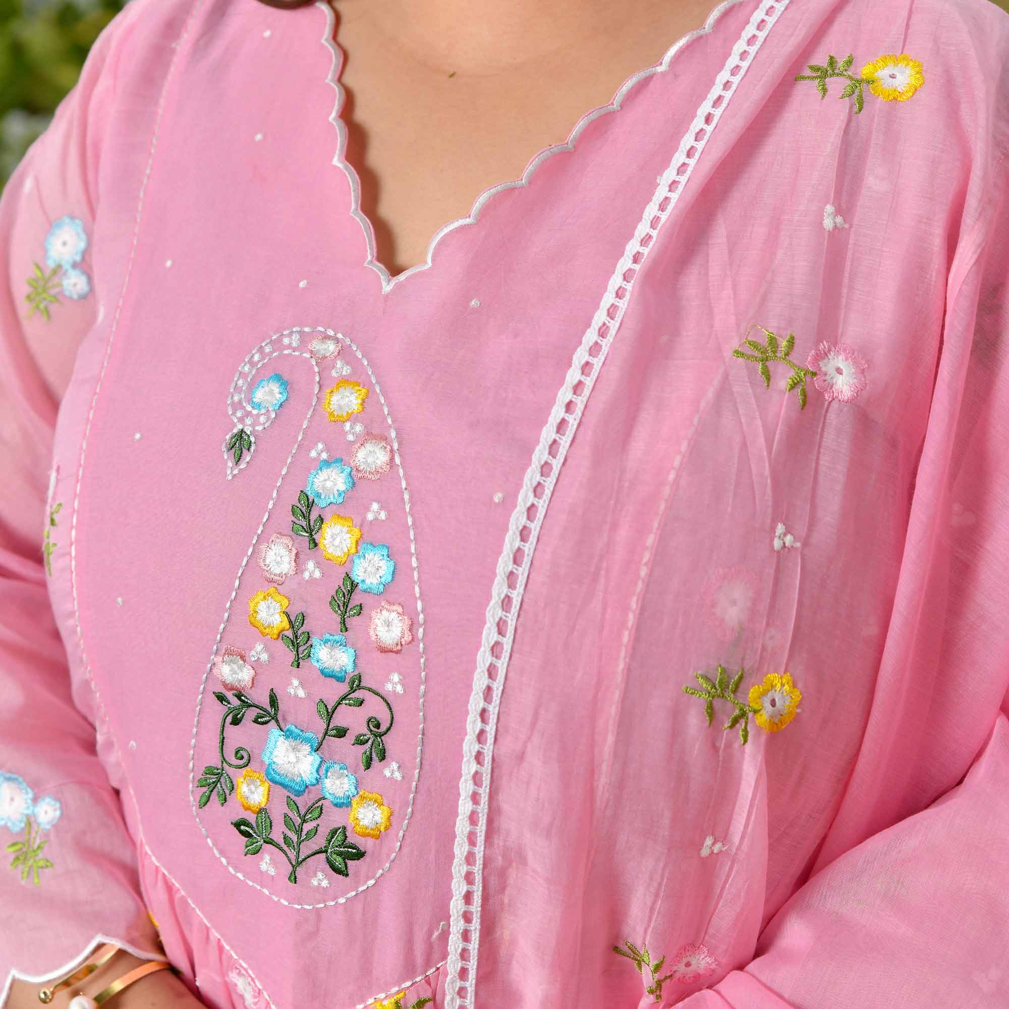 Lychee- Rose Pink Thread Embroidered Mul Chanderi Suit Set