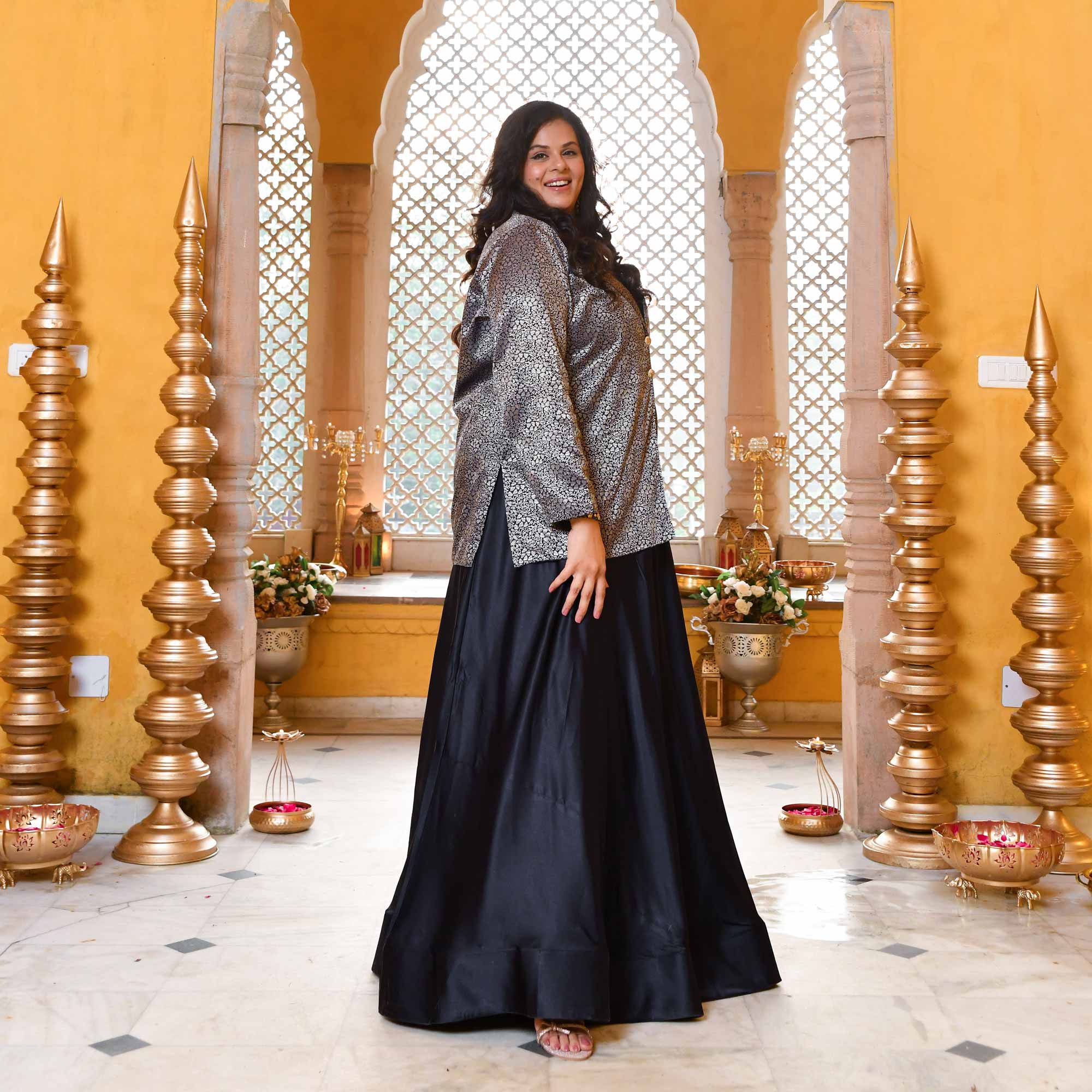 Crown-Luxe Navy Satin Lehenga Set With Banarasi Brocade Jacket