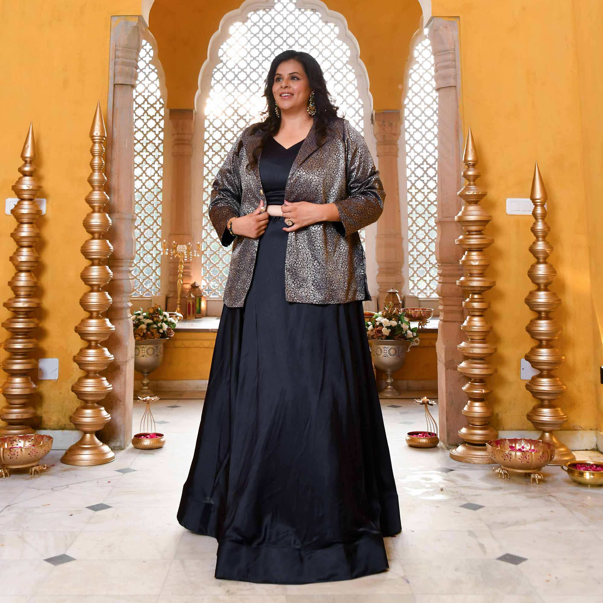 Crown-Luxe Navy Satin Lehenga Set With Banarasi Brocade Jacket
