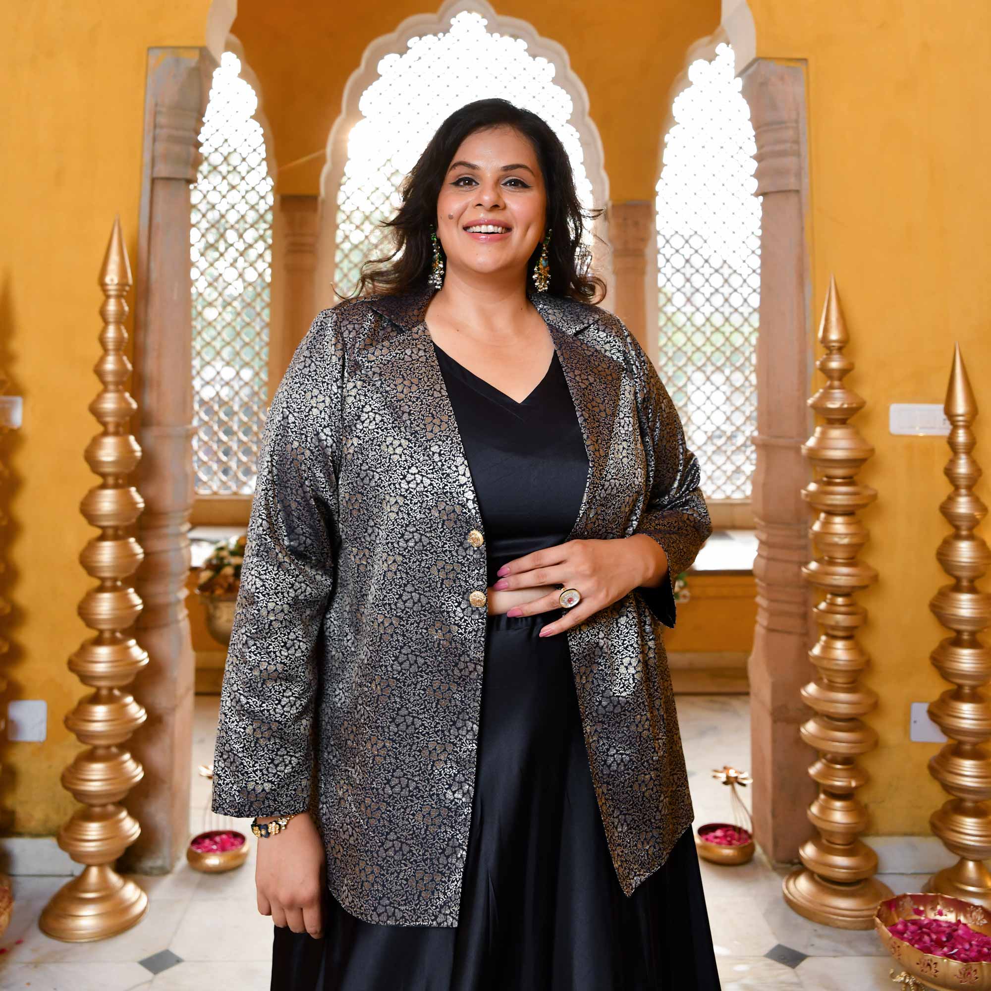 Crown-Luxe Navy Satin Lehenga Set With Banarasi Brocade Jacket