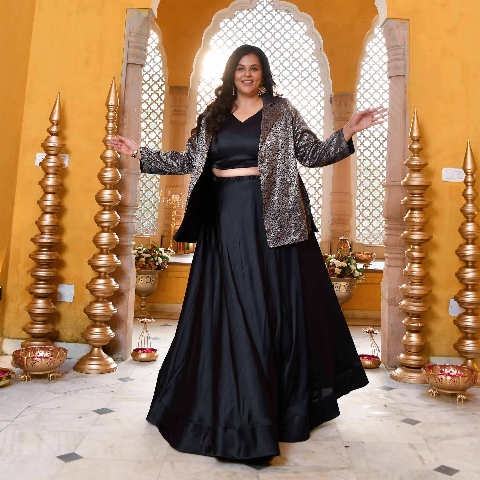 Crown-Luxe Navy Satin Lehenga Set With Banarasi Brocade Jacket