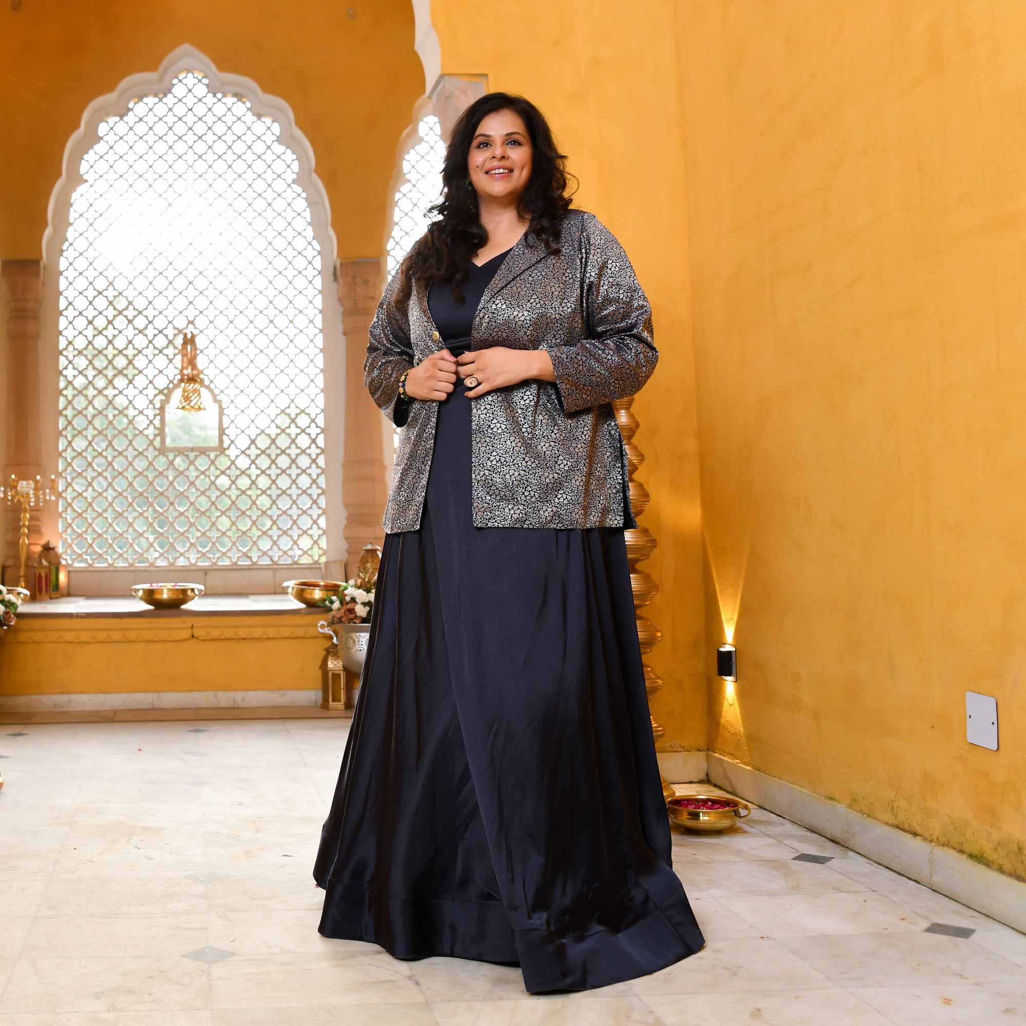 Crown-Luxe Navy Satin Lehenga Set With Banarasi Brocade Jacket