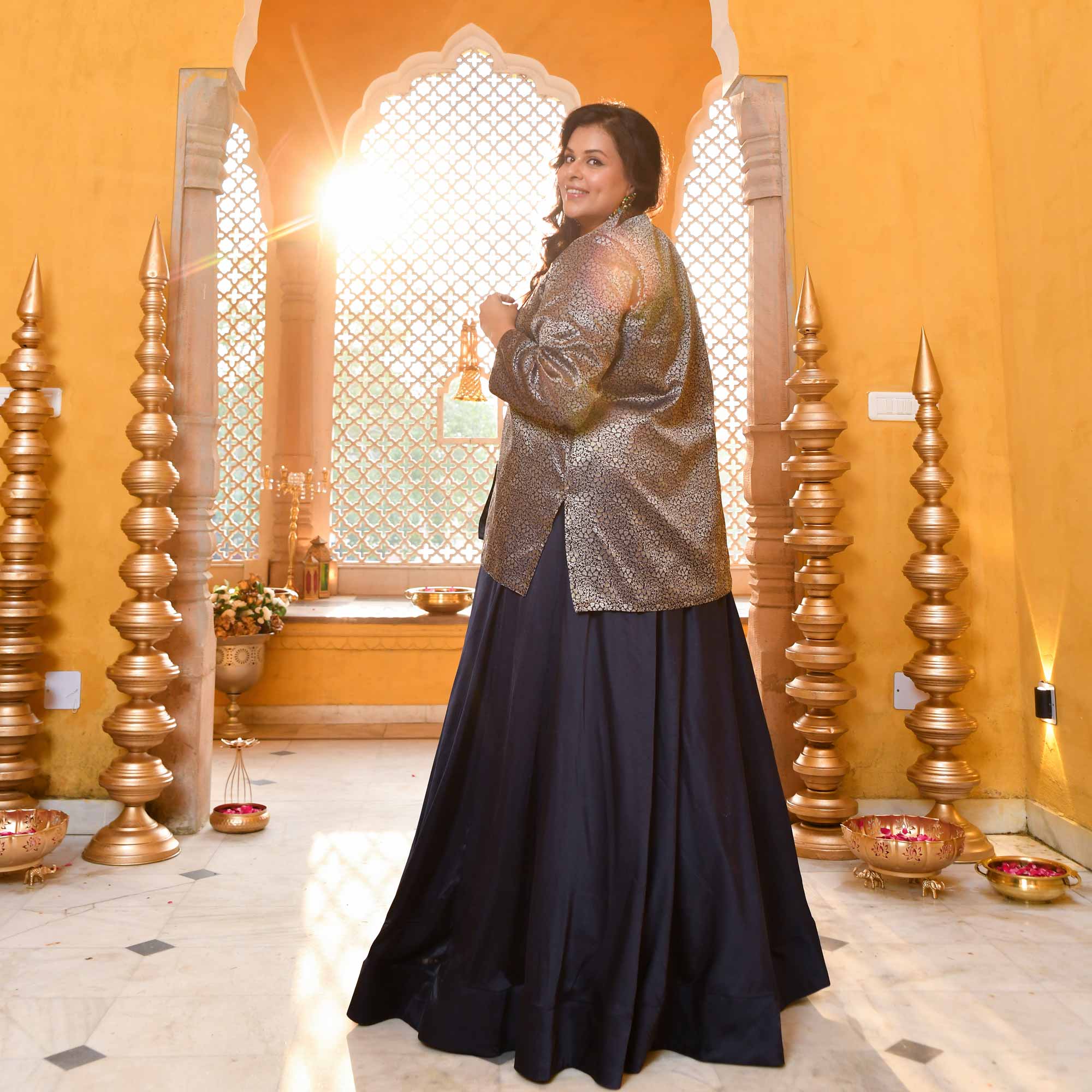 Crown-Luxe Navy Satin Lehenga Set With Banarasi Brocade Jacket